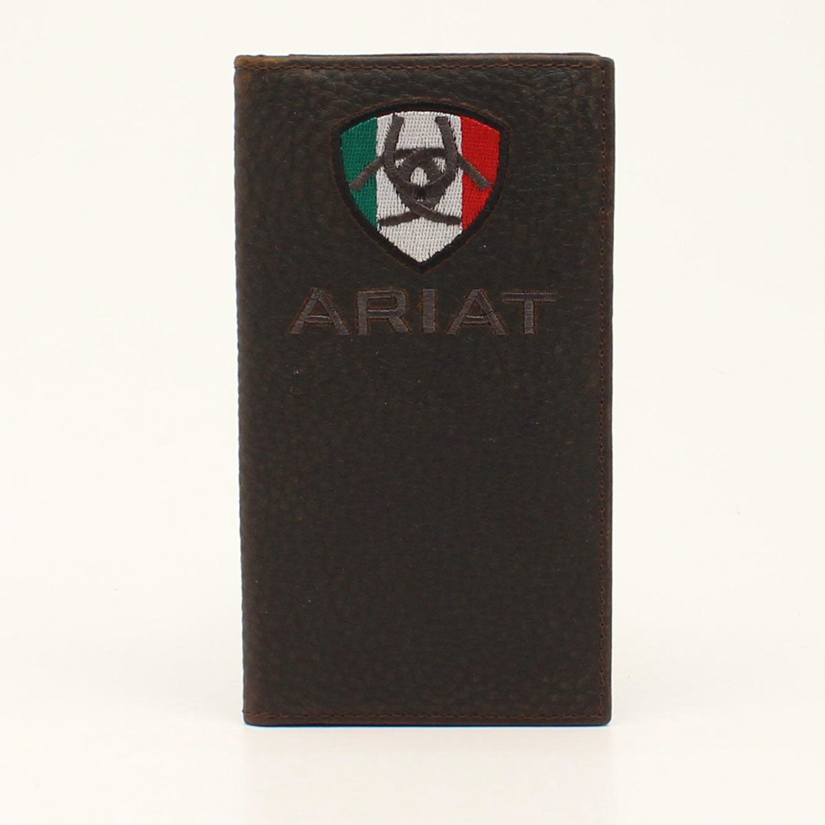 Ariat Men's Genuine Leather Rodeo Wallet with Mexican Flag Logo - Brown Distressed Cowhide Bifold for Cowboy, Rancher & Western Enthusiasts - Perfect for Rodeos, Ranch Work & Everyday Carry