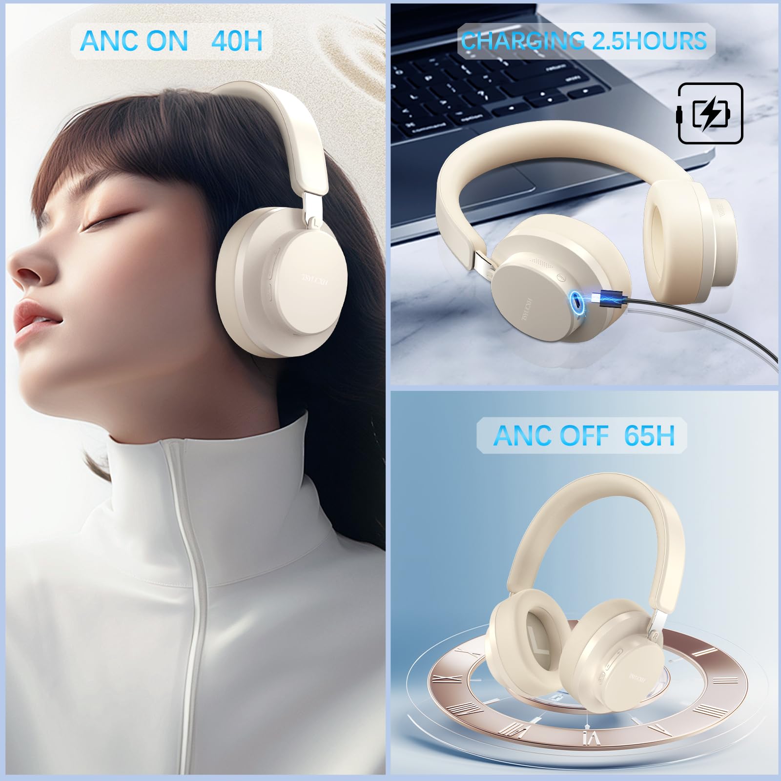 Premium Wireless Noise Cancelling Headphones with Bluetooth 5.0 - Over Ear Headset with Built-in Mic, 65H Playtime & Crystal Clear Calls - Comfort Fit for Travel, Work & Gaming (Beige)