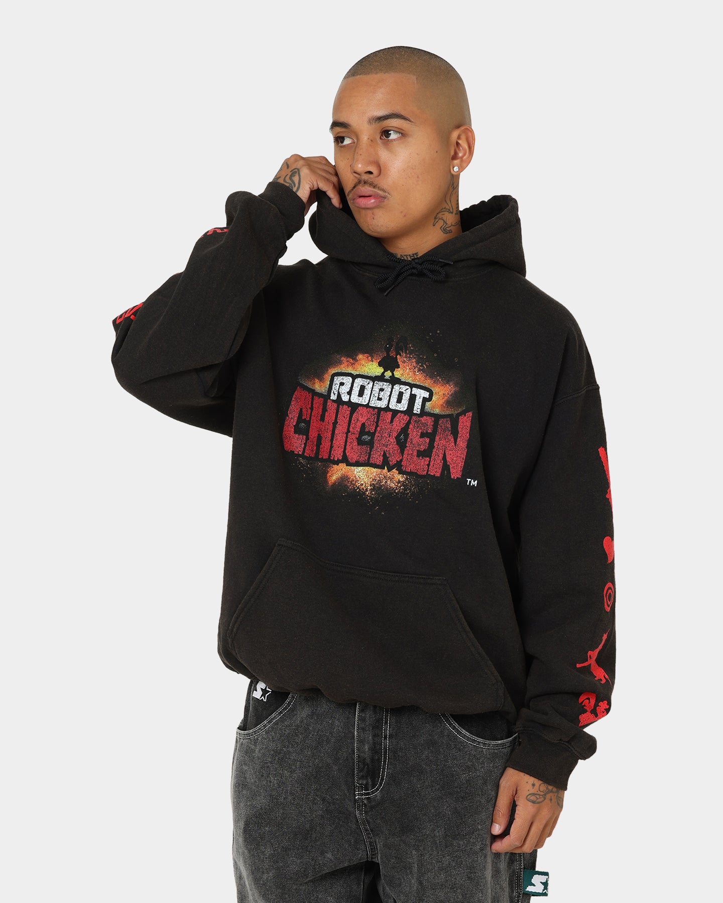 Vintage American Thrift Chicken Boom Hoodie - Black Distressed Wash - Retro Streetwear for Men & Women - Perfect for Casual Outfits, Urban Fashion, and 90s Style Lovers