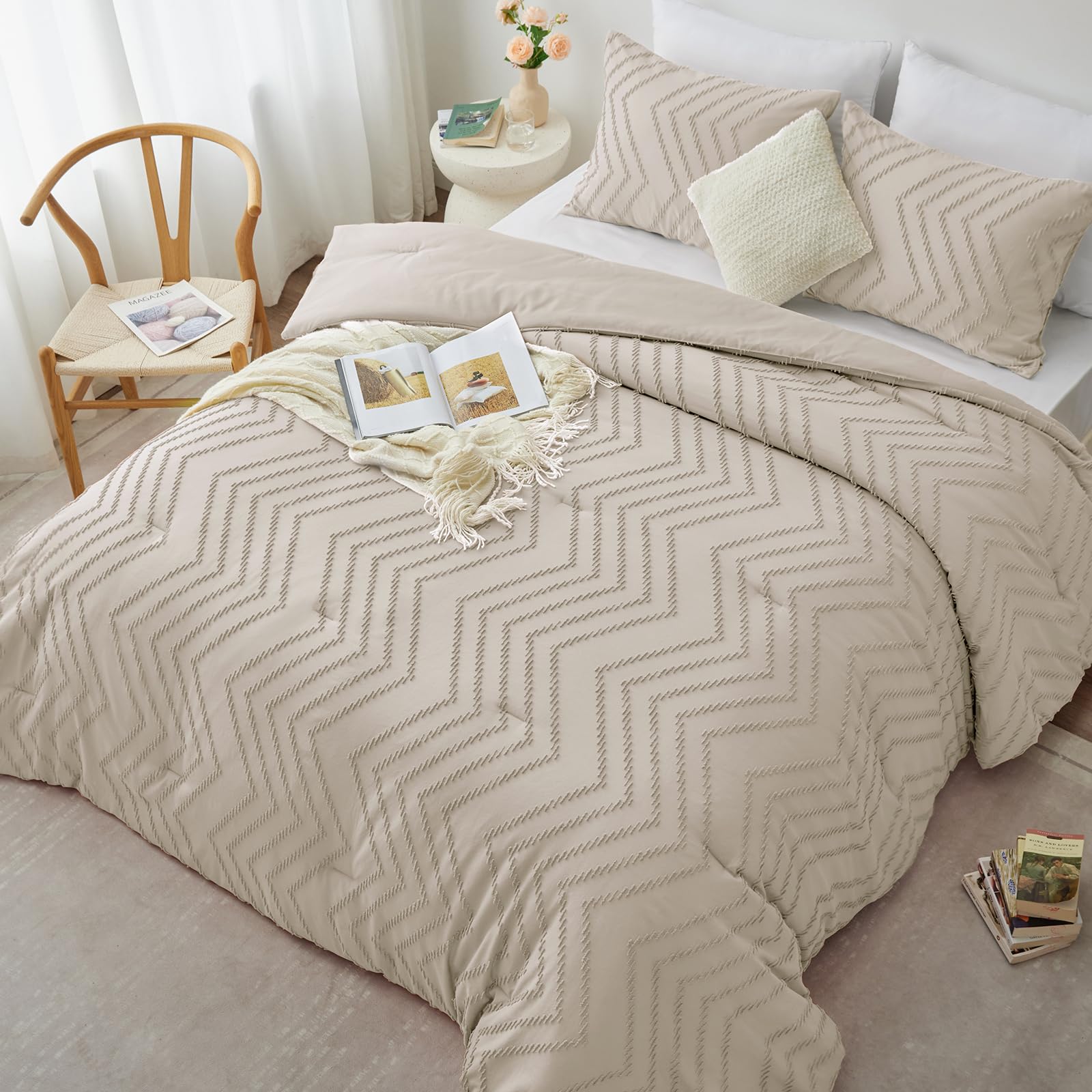 CozyLux Queen Size Comforter Set - 3 Piece Beige Boho Tufted Bedding with Chevron Design, All Seasons Shabby Chic Comforter & 2 Pillow Shams for Master Bedroom, Guest Room or Dorm Decor