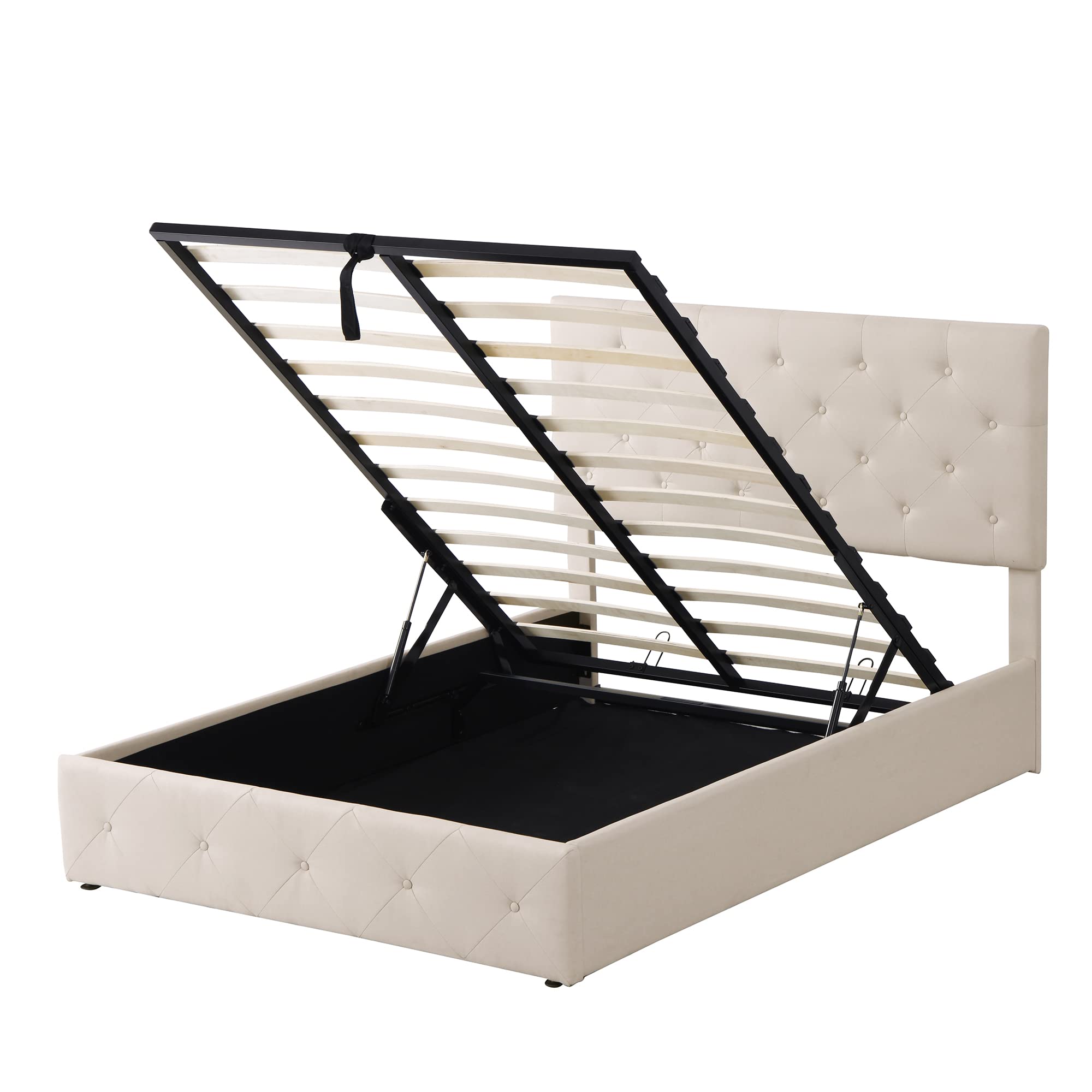 P PURLOVE Upholstered Platform Bed Frame with Button Tufted Headboard & Hydraulic Storage, Wood Slat Support - No Box Spring Needed, Full Size Beige Bed for Master Bedroom, Guest Room & Small Space