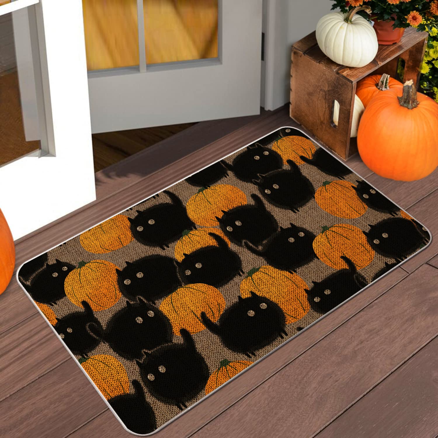 GAGEC Halloween Doormat - 17x27 Inch Non-Slip Outdoor Entrance Rug with Pumpkin & Cat Design, Waterproof Bathroom Mat for Farmhouse, Kitchen, Front Door Decor - Perfect for Fall, Thanksgiving & Home Entryway