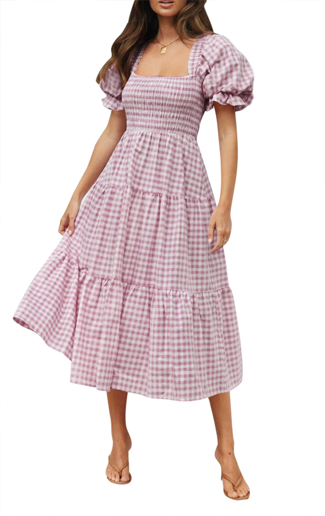 ZESICA Women's 2025 Bohemian Summer Dress - Plaid Square Neck, Puff Sleeve & Ruffle Flowy Midi Dress for Beach, Vacation & Casual Wear