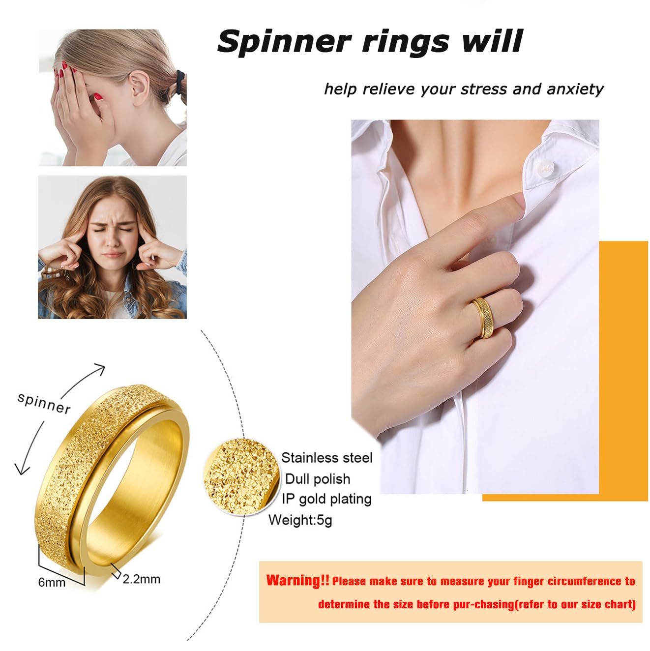 18K Gold Plated Spinner Rings for Anxiety Relief - 5PCS Set for Women & Men