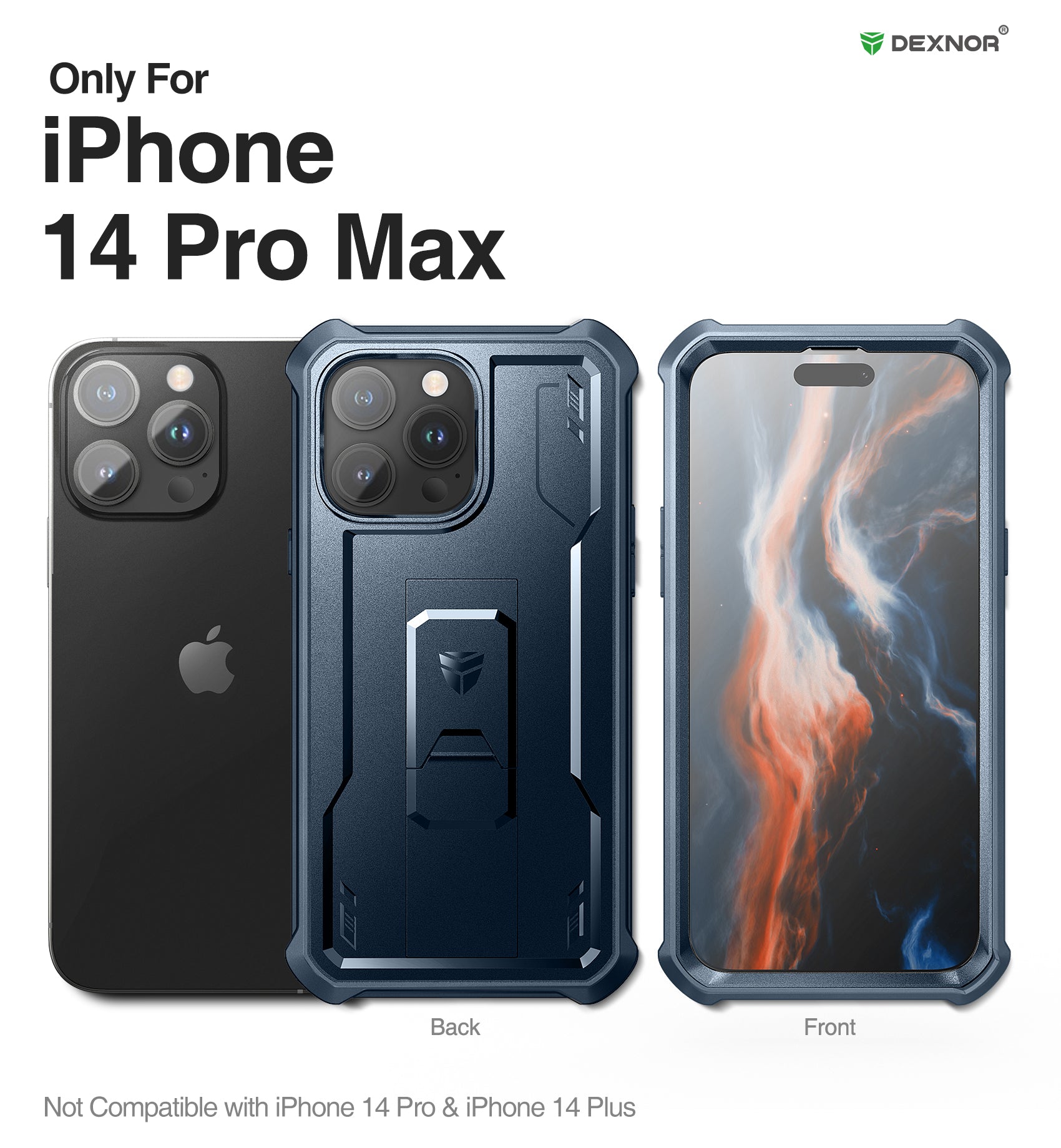 Dexnor iPhone 14 Pro Max Case - Heavy Duty Shockproof Full Body Protection with Built-in Screen Protector & Adjustable Kickstand - Perfect for Outdoor Activities, Travel, and Daily Use