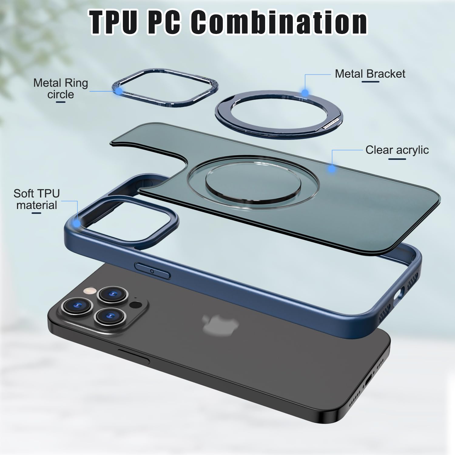 **Shockproof iPhone 13 Pro Max Case with MagSafe Compatibility, Built-in Stand & Rotating Ring Holder – MIL-Grade Dual Layer Protection, Matte Hard Back Cover – Perfect for Work, Travel & Daily Use (Blue)**