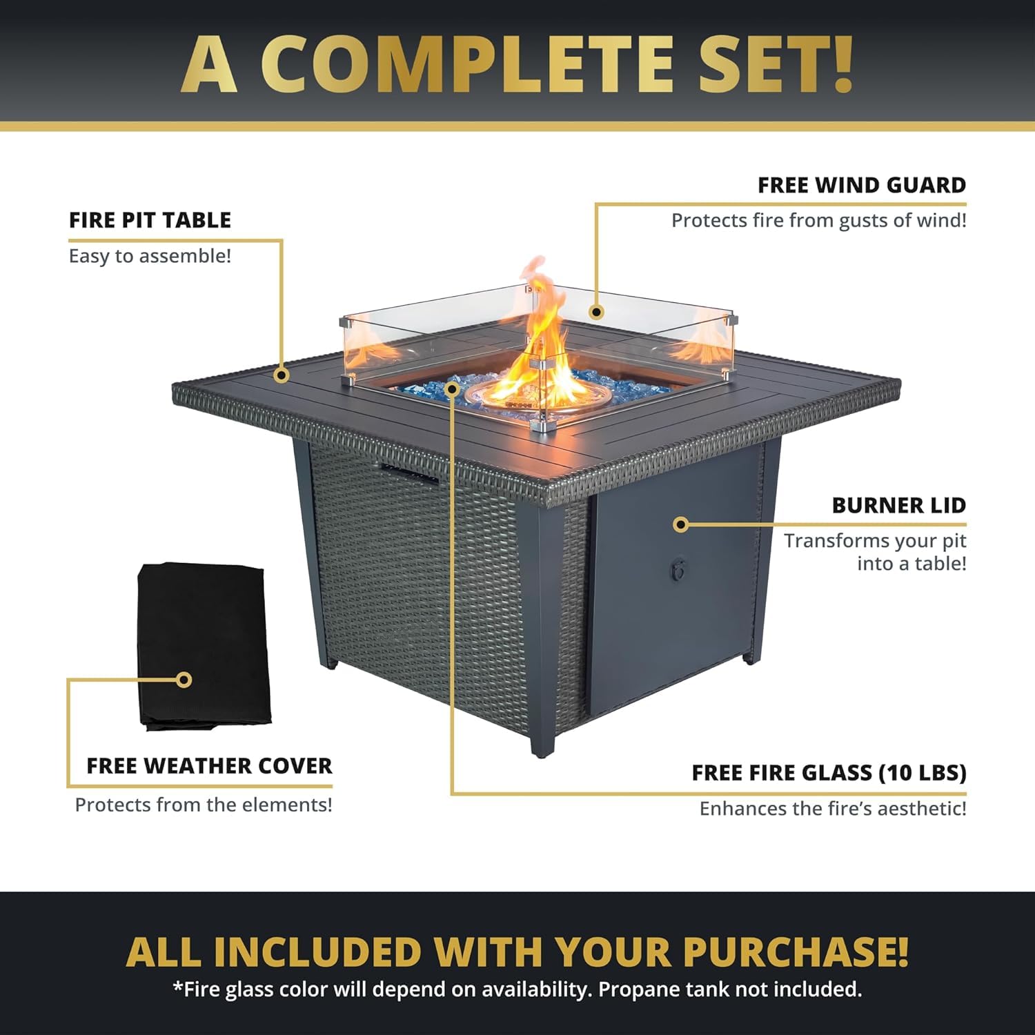 42 Inch Square Propane Fire Pit Table - 50,000 BTU Auto-Ignition Outdoor Gas Fire Pit with Glass Wind Guard - CSA Certified for Patio, Backyard & Garden - Perfect for Outdoor Entertaining & Relaxation