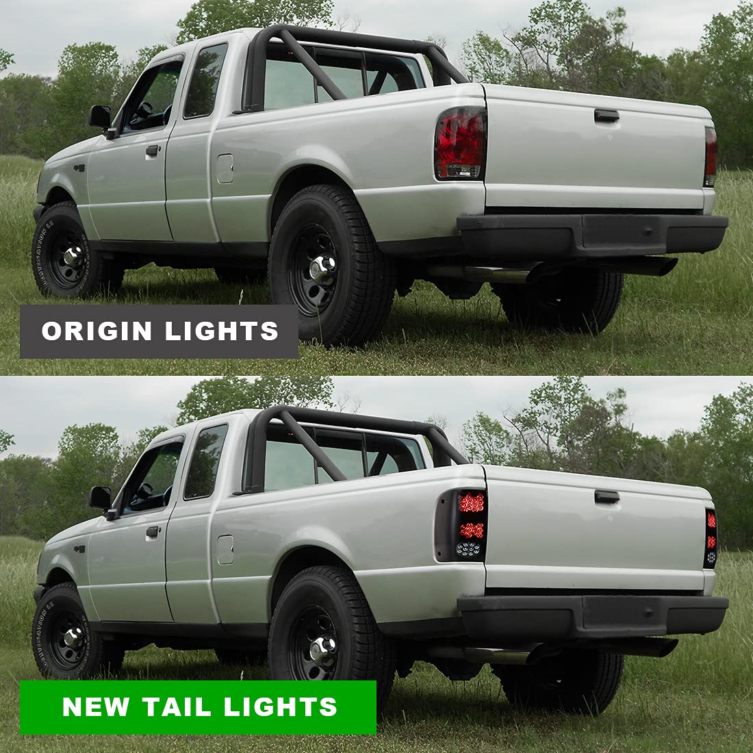 ROXX Full LED Tail Lights Assembly for 1993-1999 Ford Ranger - Smoke Lens Replacement with LED Brake, Turn & Reverse Lights - Driver & Passenger Side (Perfect for Off-Roading, Night Driving & Truck Customization)