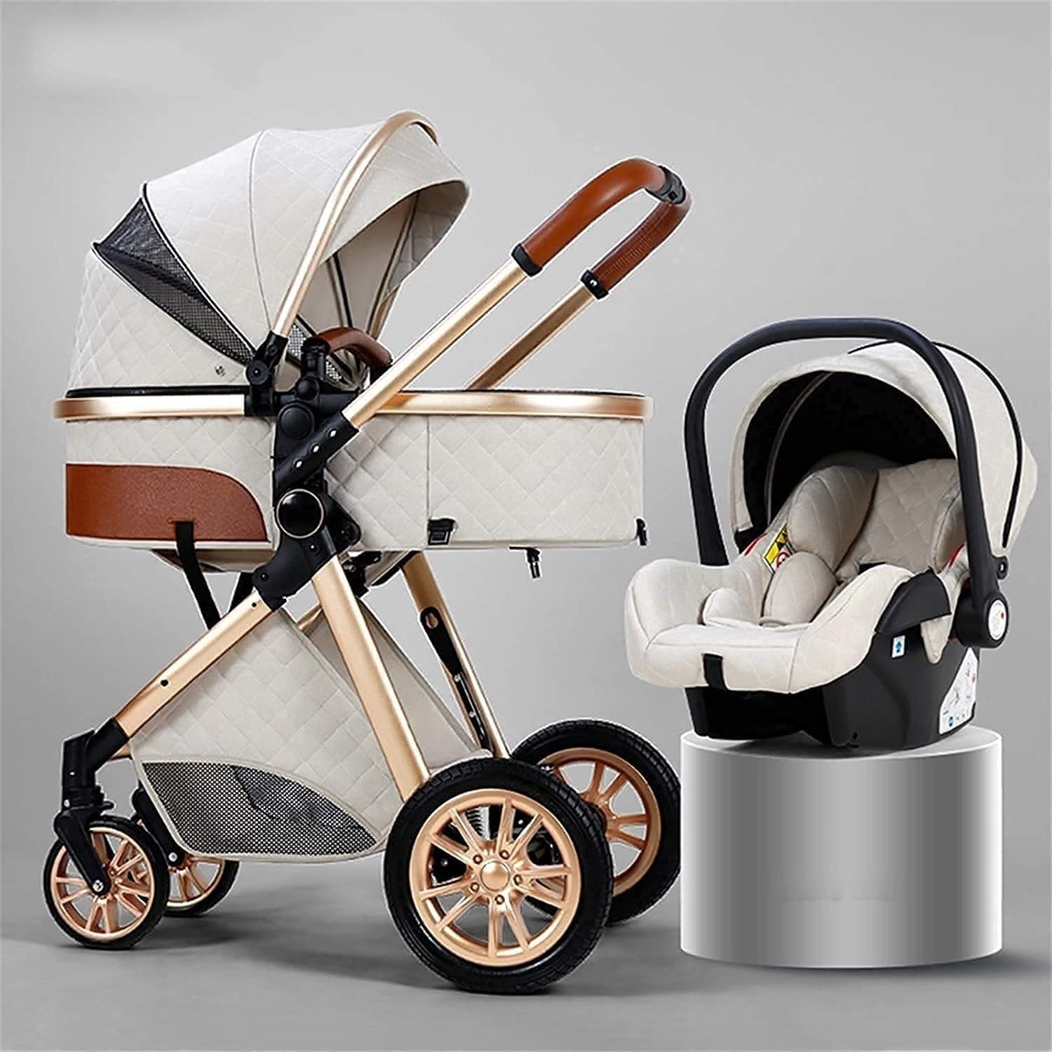 MingrXieh 3-in-1 Foldable Luxury Baby Stroller with Shock-Absorbing Springs, High-View Design, Mummy Bag & Rain Cover - Perfect for Newborns, Toddlers & Travel (White)