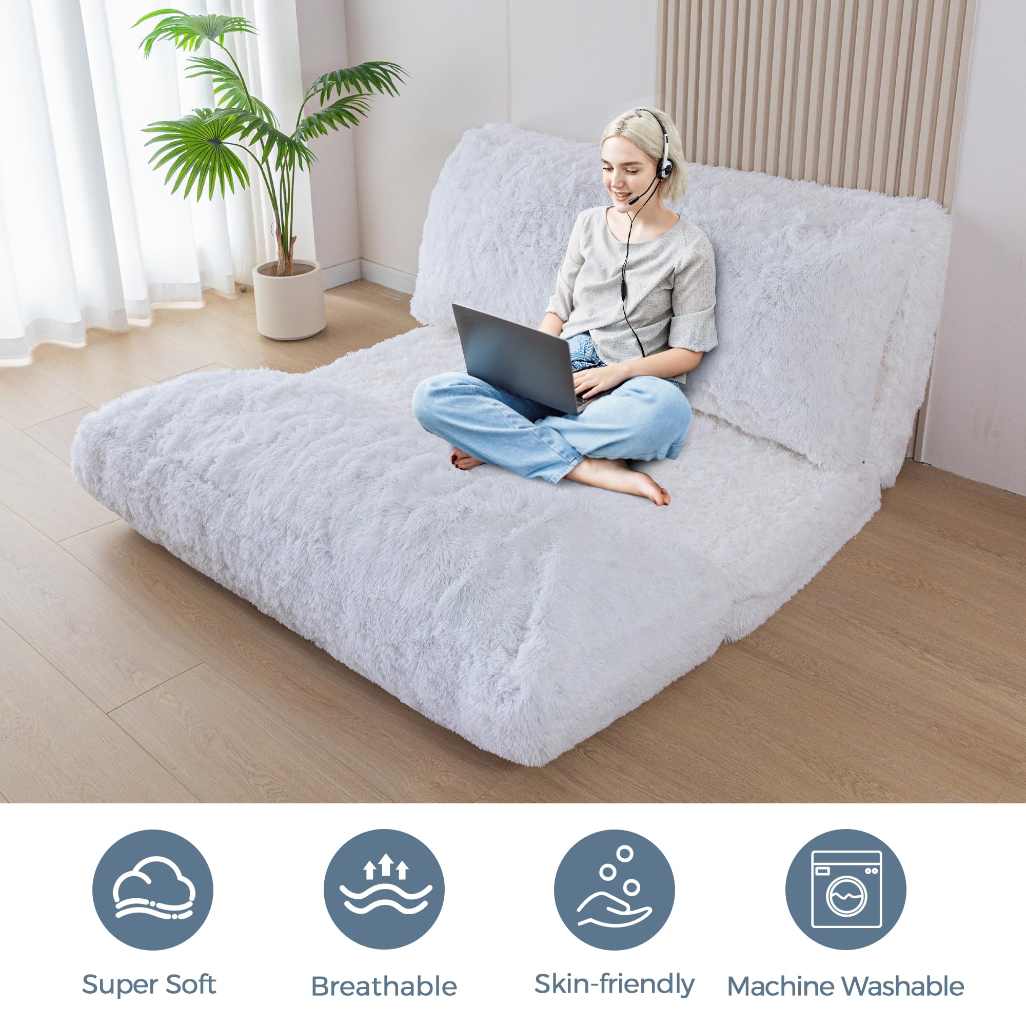 MAXYOYO Faux Fur Bean Bag Chair - Foldable Floor Sofa Bed with Foam Filling, Convertible Wall Couch Sleeper for Living Room, Bedroom & Dorm | White