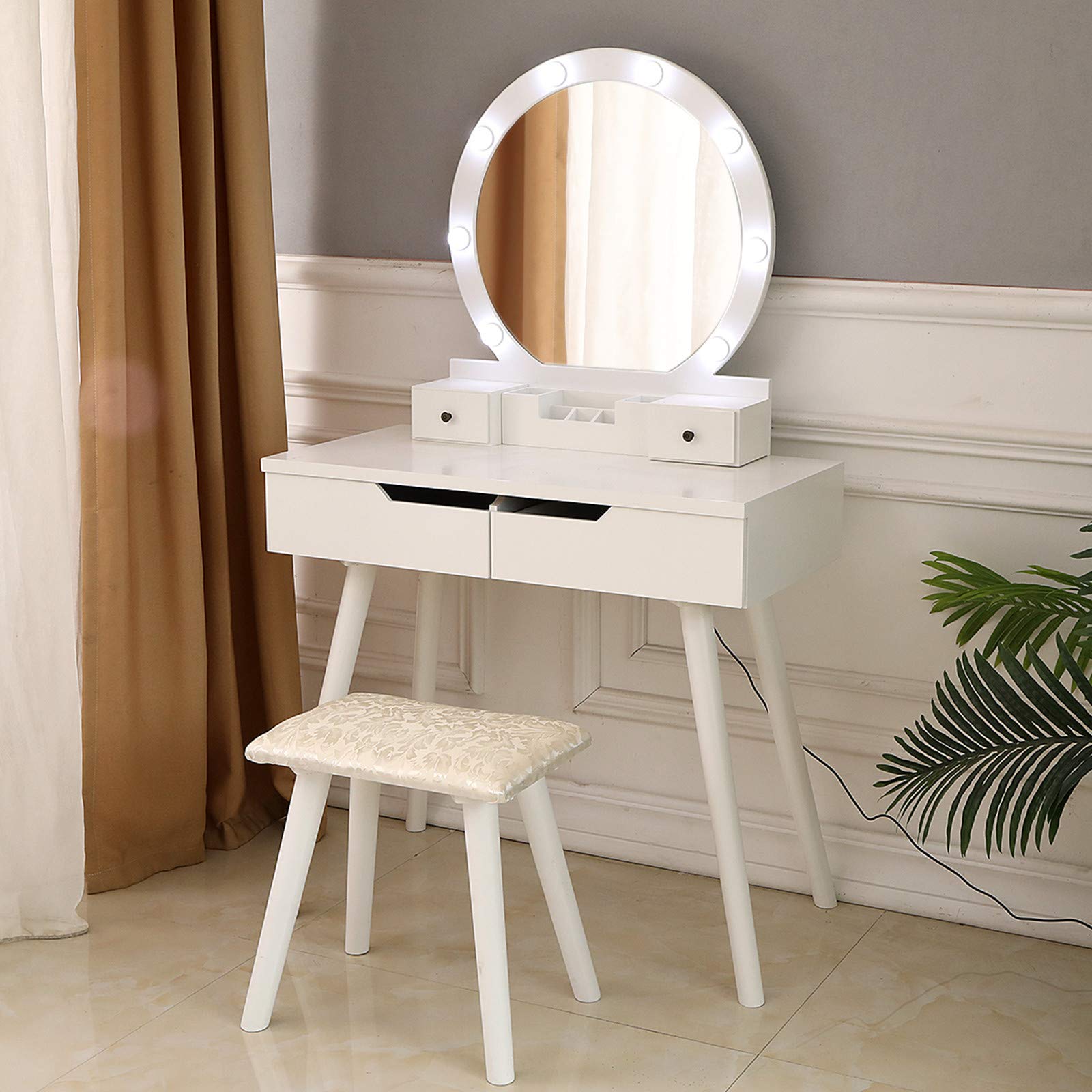 Keseno Vanity Dressing Table with Single Round Mirror, LED Bulbs & 4 Drawers - White Makeup Desk for Beauty Salon, Bedroom, Living Room | Perfect for Makeup Application, Skincare Routine & Home Decor