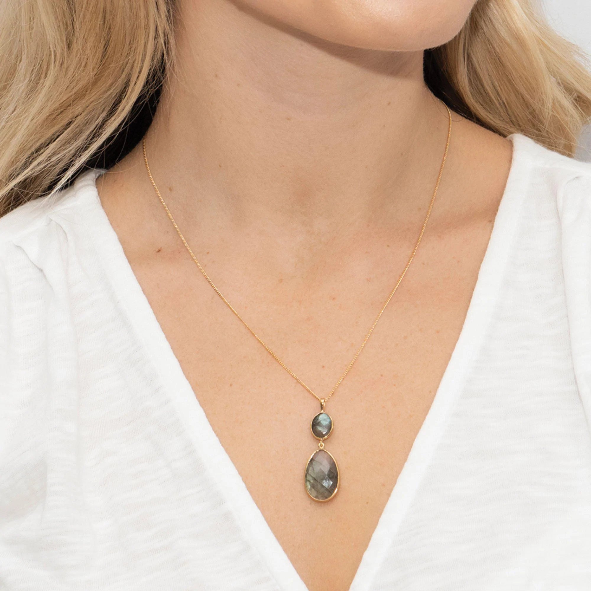 Labradorite Double Drop Pendant Necklace - Elegant Riviera Style Jewelry for Women | Perfect for Beach Weddings, Evening Parties & Boho Fashion