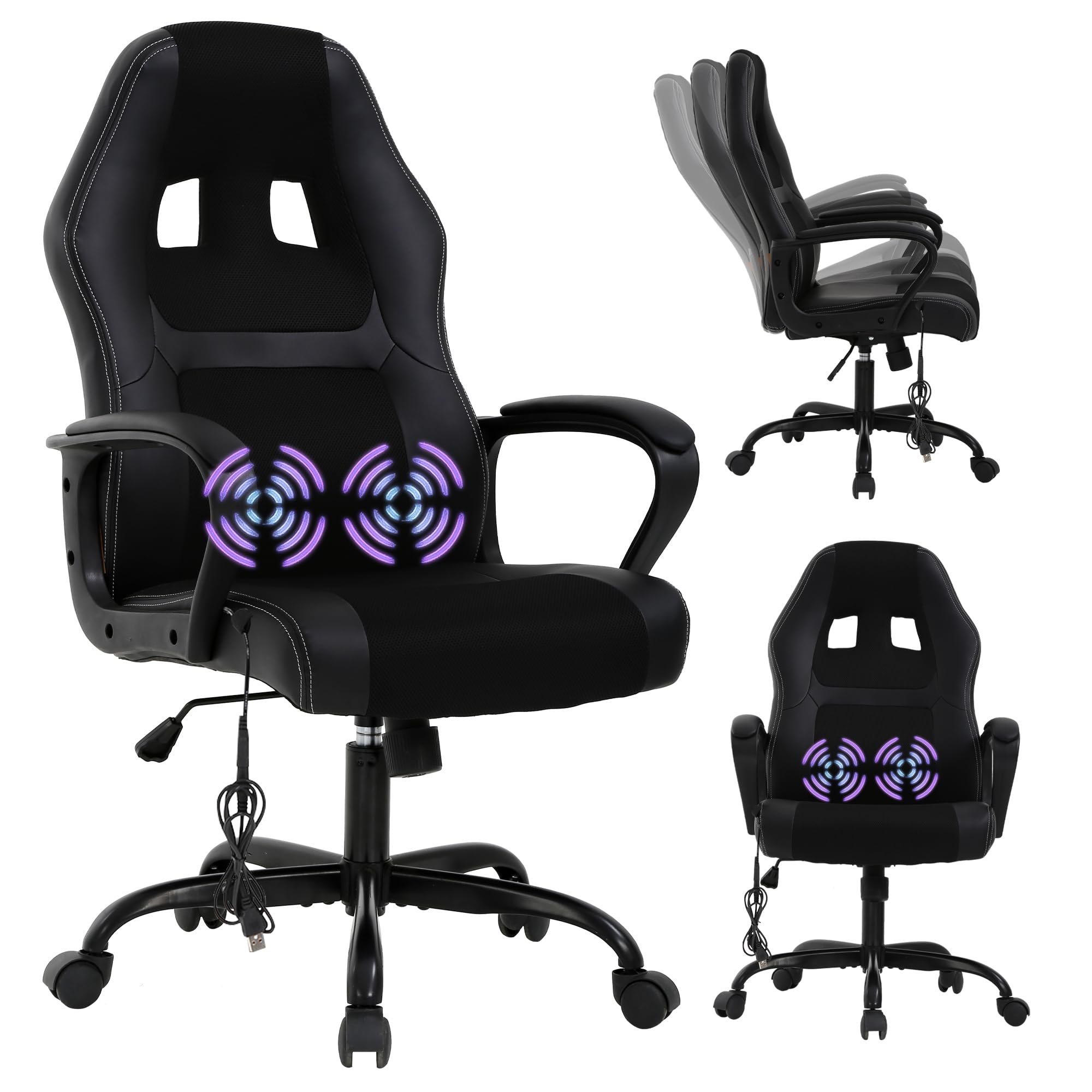 Ergonomic Massage Gaming Chair for Adults - Adjustable Office Desk Chair with Lumbar Support & Armrests - PU Leather Reclining Computer Task Chair - Perfect for Home Office, Gaming Setup & Workstation (Black)