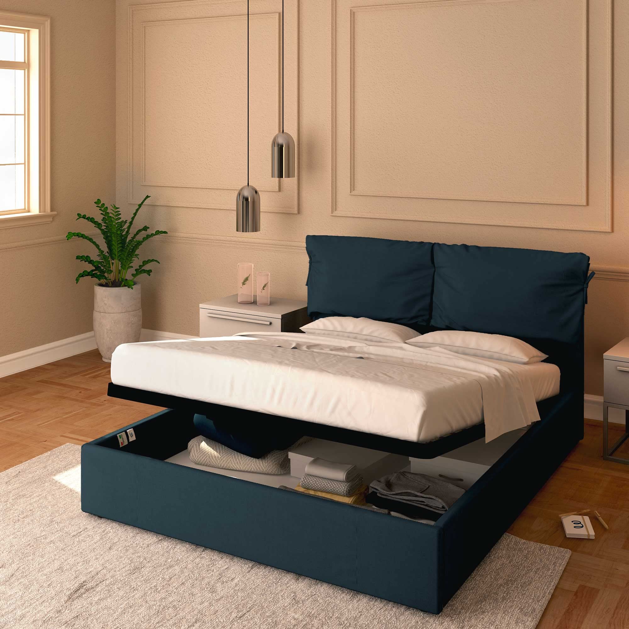 Baldiflex Single Bed with Storage - Licia Soft Synthetic Leather Upholstery, Slatted Base for Single Mattresses, 160 x 200 cm, Padded Headboard, Night Blue - Perfect for Small Bedrooms, Guest Rooms & Studio Apartments