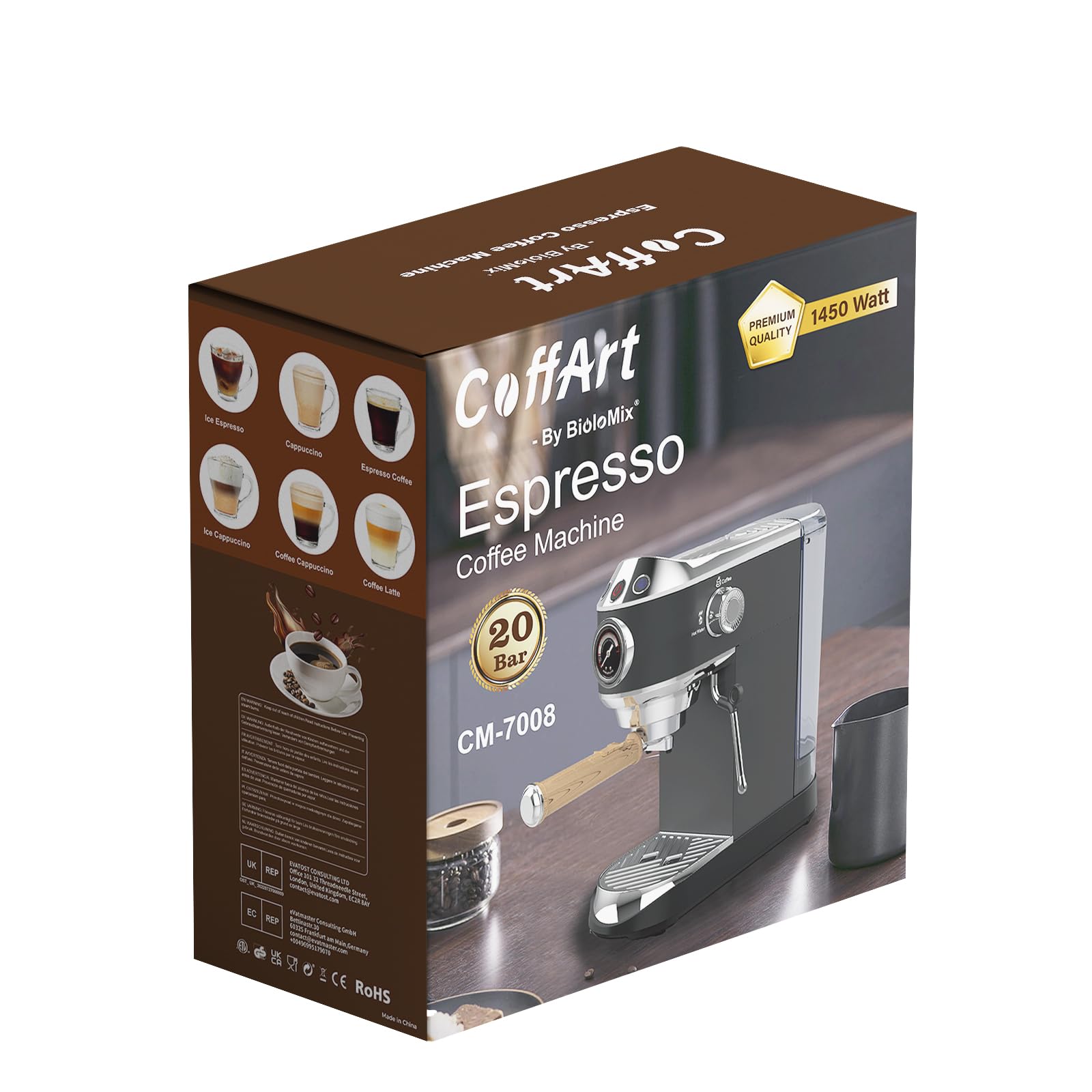 Biolomix 20 Bar Espresso Coffee Maker Machine with Milk Frother Wand - Professional Espresso, Cappuccino, Latte & Mocha Maker (CM7008) - Includes Coffee Tamper & Tamping Mat - Perfect for Home Baristas & Coffee Lovers