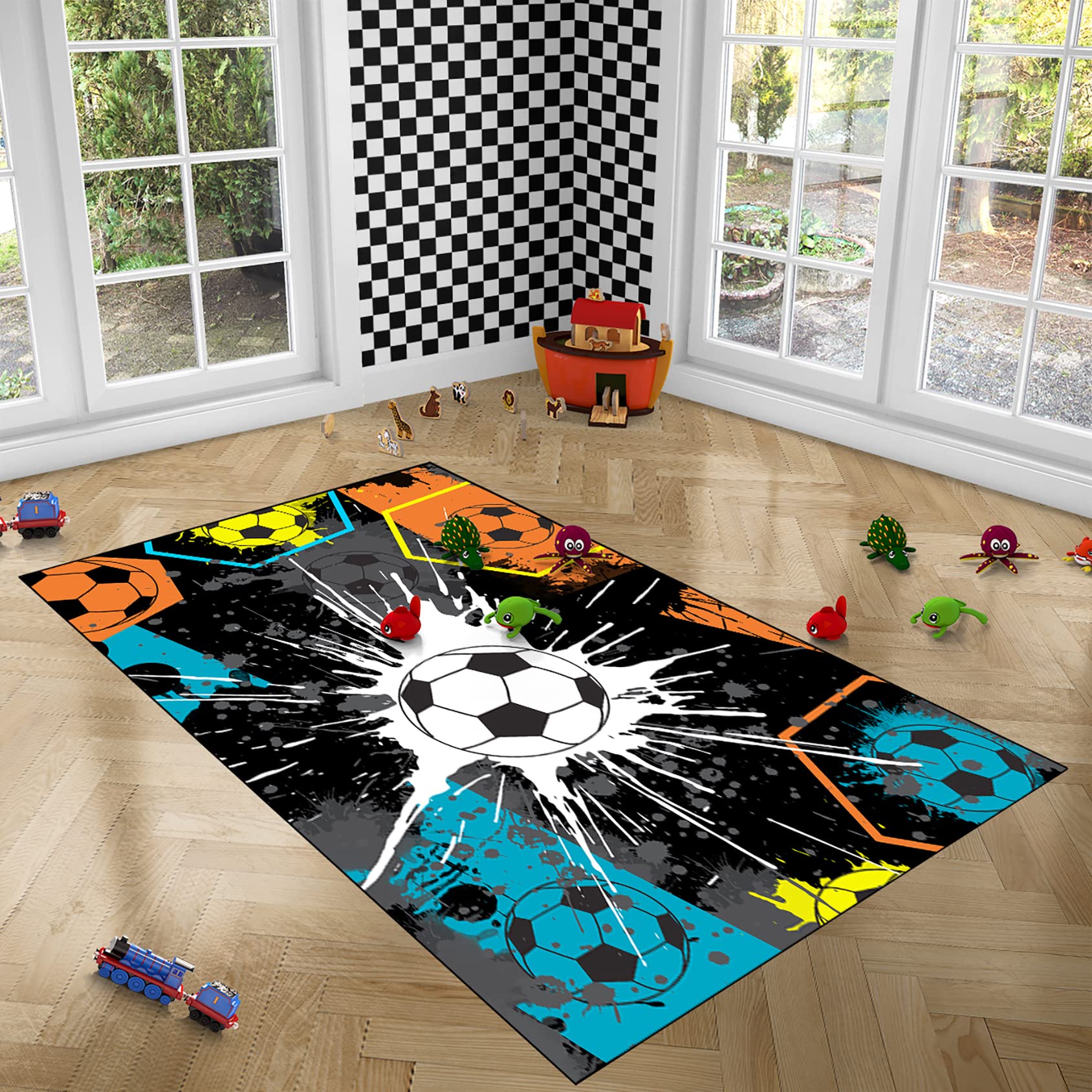 Boys Soccer Room Decor - Soccer Ball Printed Area Rug 2'6
