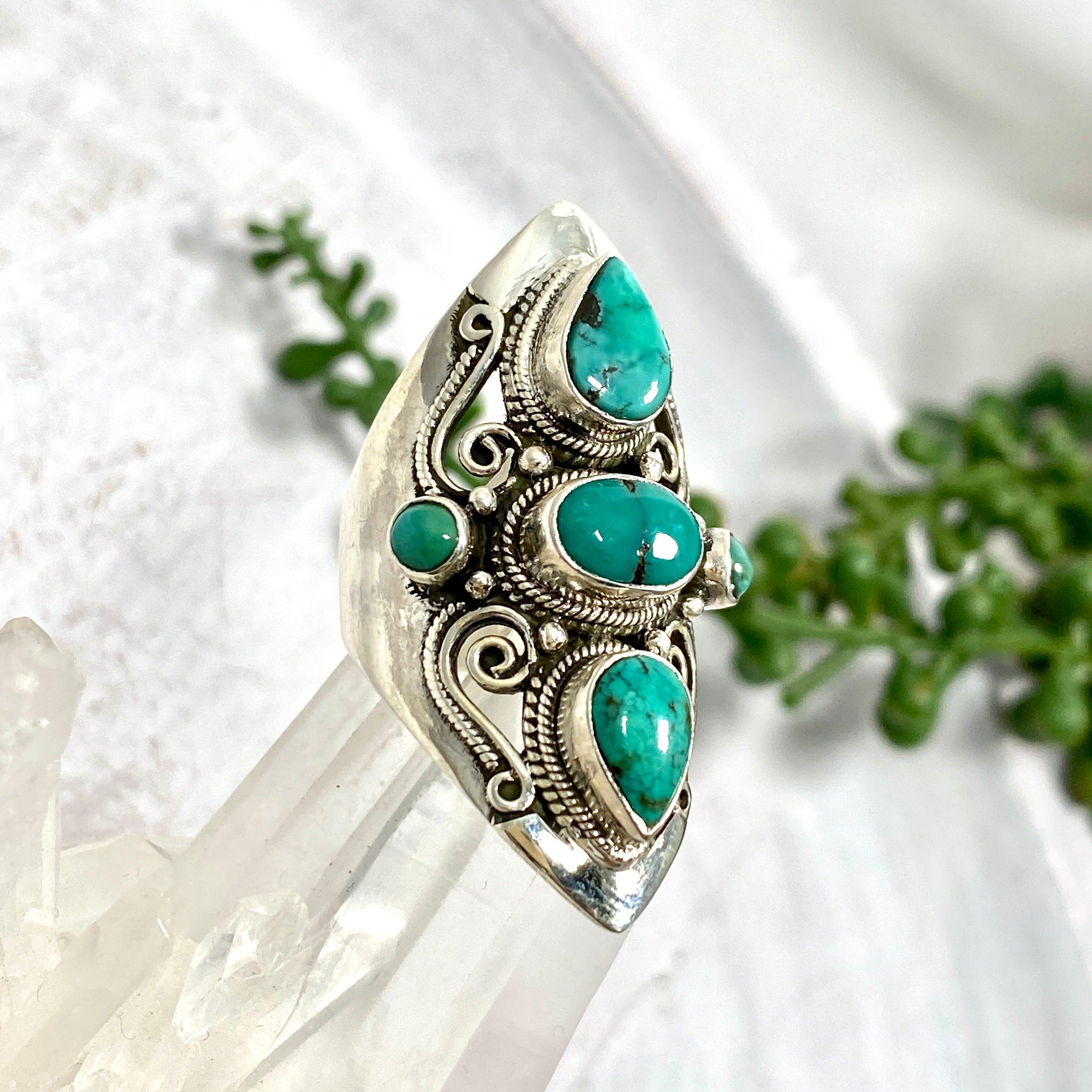 Boho Style Turquoise Multi Stone Ring for Women - Size 8 (R4068) | Handmade Bohemian Jewelry for Casual Wear, Festivals & Gift Giving