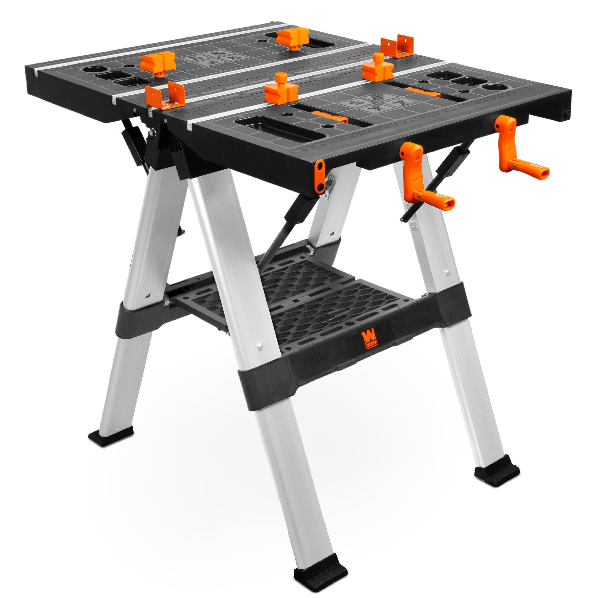 WEN WB3225 2-in-1 Folding Work Table & Sawhorse - 440 lbs Capacity with Onboard Clamps & Clamp Dogs - Perfect for Woodworking, DIY Projects & Jobsite Support