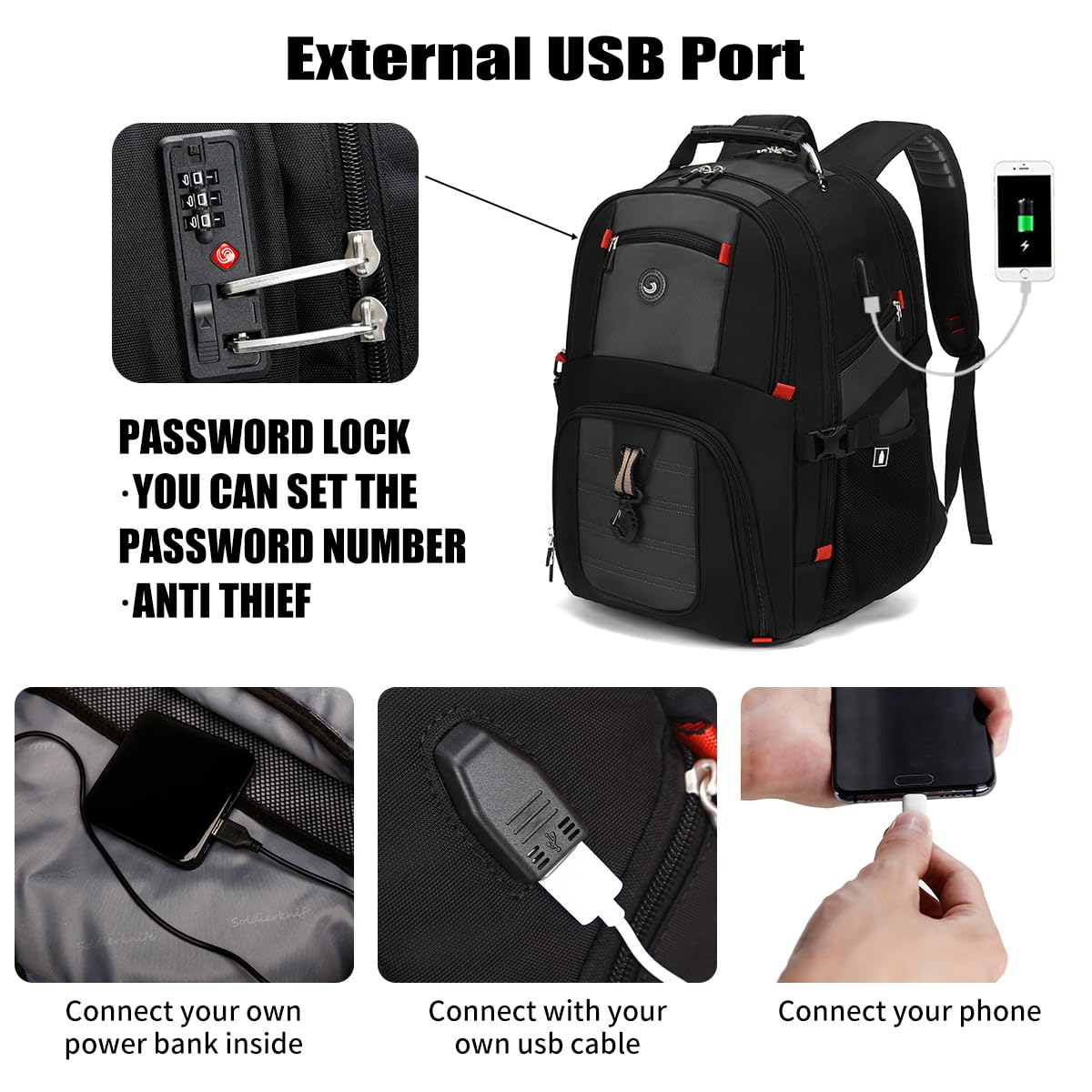 SHRRADOO 50L Extra Large Travel Laptop Backpack with USB Charging Port - Airline Approved Business Backpack for Men & Women - Fits 17 Inch Laptop - Perfect for College, High School, Work & Business Travel