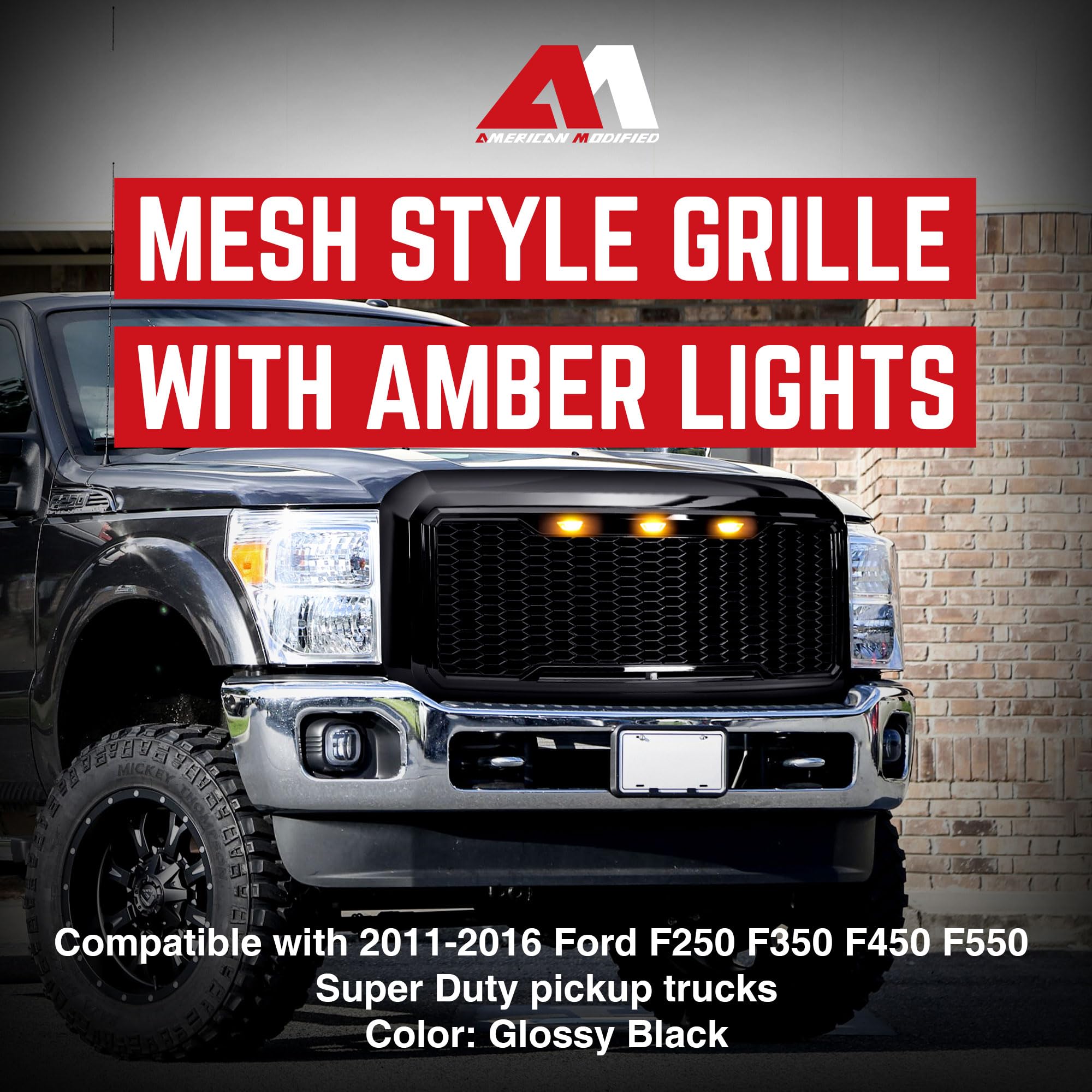 Ford F250 F350 F450 F550 Super Duty 2011-2016 Raptor Style Front Grille with Amber LED Lights - Glossy Black | Off-Road Upgrade & Truck Customization Accessory