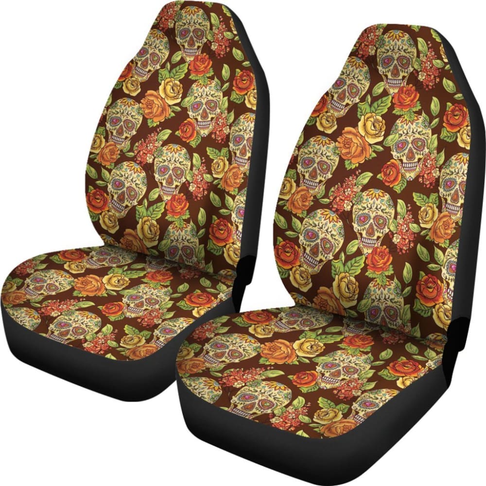 2 Pcs Sugar Skull Floral Car Seat Covers - Universal Fit for Cars, Trucks & SUVs - Gothic Decor for Day of the Dead, Halloween & Mexican Theme Parties