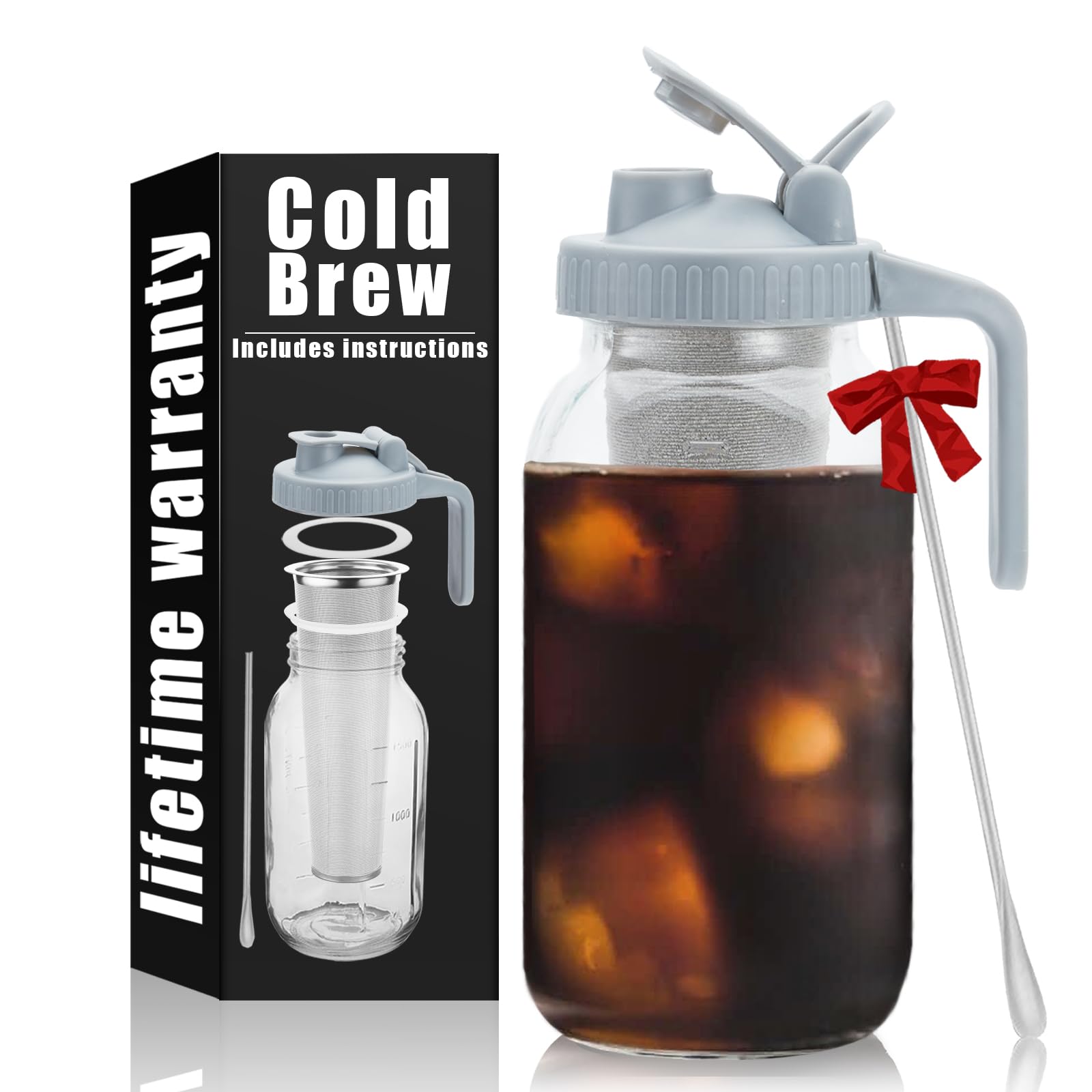 Cold Brew Coffee Maker Pitcher - 64oz Iced Coffee Maker with Stainless Steel Mixing Spoon & Premium Dense Filter | 3-Step Brewing System | BPA-Free Glass Mason Jar with Gray Lid | Easy to Clean & Reusable | Perfect for Home, Office & Outdoor Use