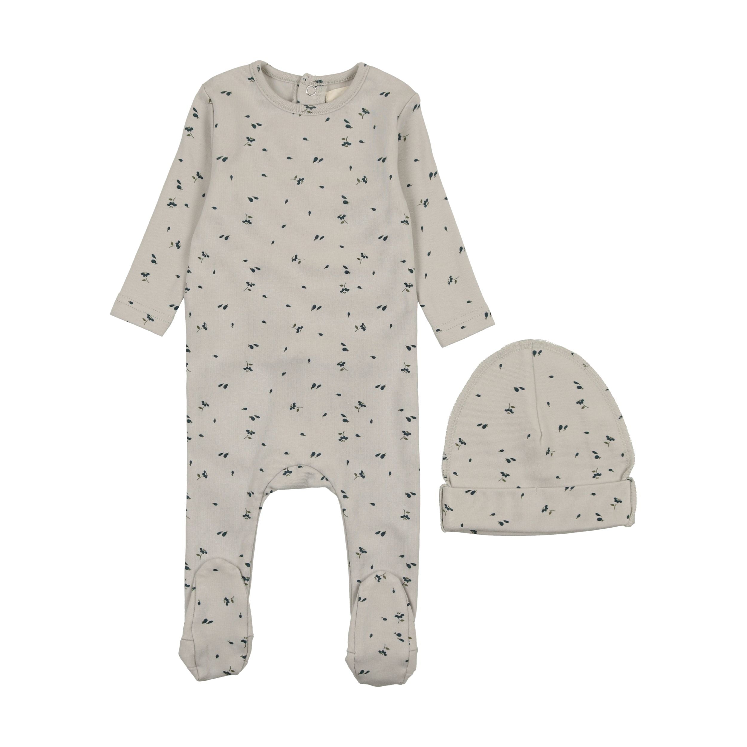 Floral Blue Baby Footie and Beanie Set by Mema Knits - Soft Cotton Newborn Outfit for Photo Shoots, Gifts & Special Occasions