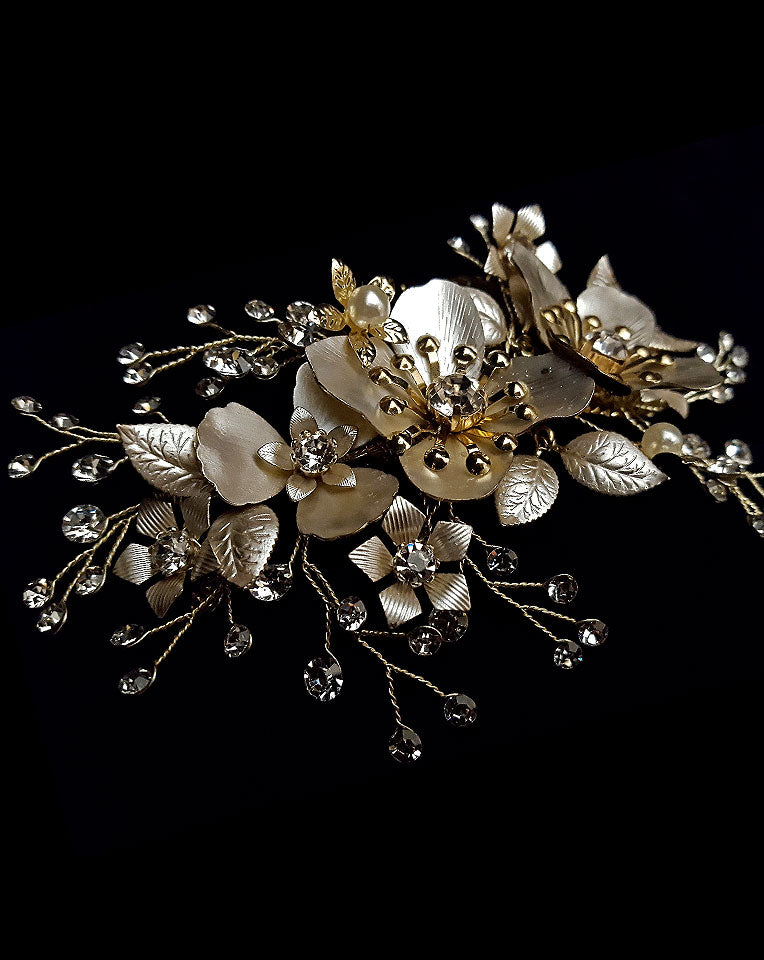 Elegant Silvery Gold Flower Comb Bridal Headpiece - Josie Johnny B Collection at Kezani | Perfect for Weddings, Prom & Special Occasions