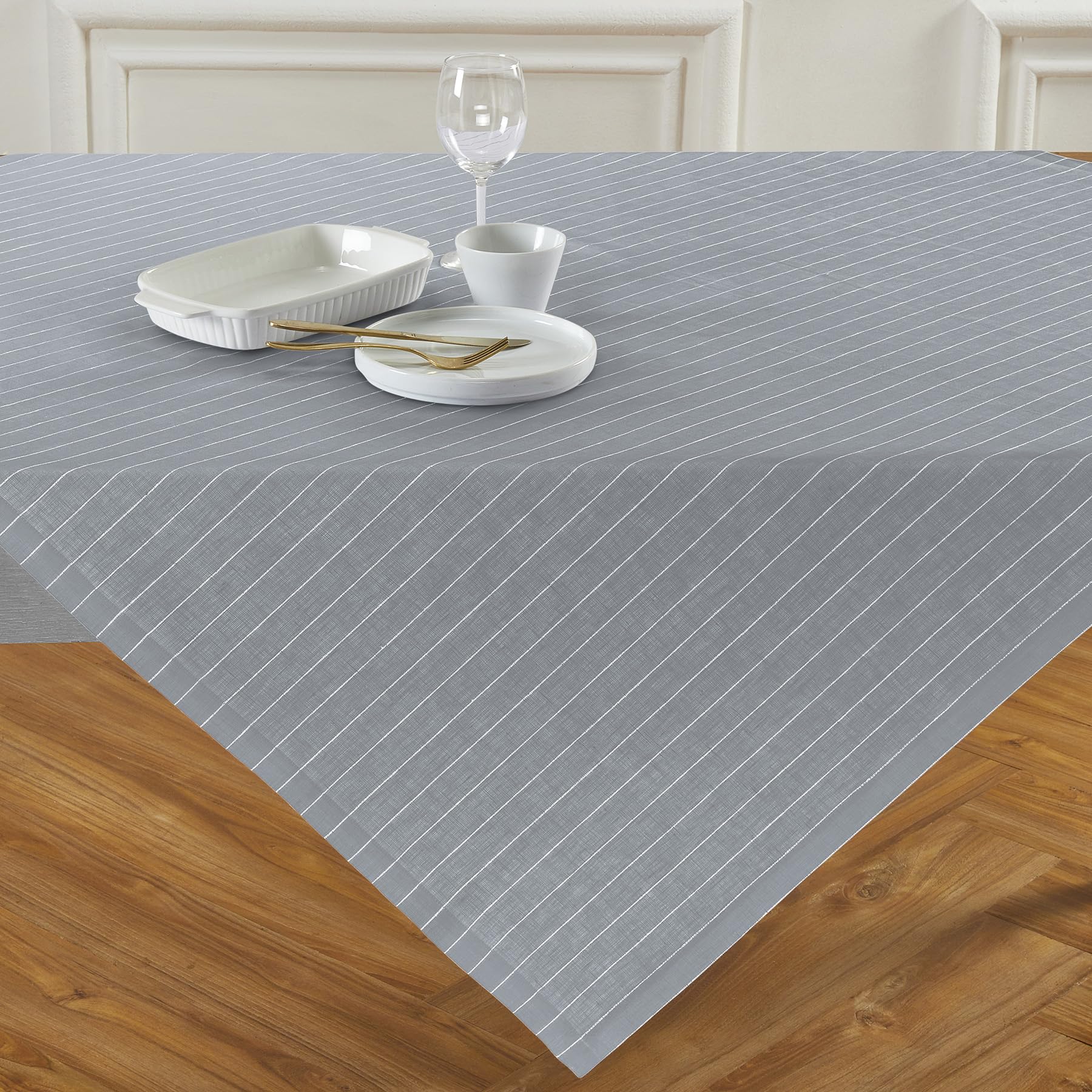 Solino Home 52x52 Inch 100% Pure Linen Tablecloth - Grey & White Pinstripe Table Throw for Dining, Spring & Easter Decor - Handcrafted, Machine Washable - Perfect for Dinner Parties, Brunch & Holiday Tablescapes