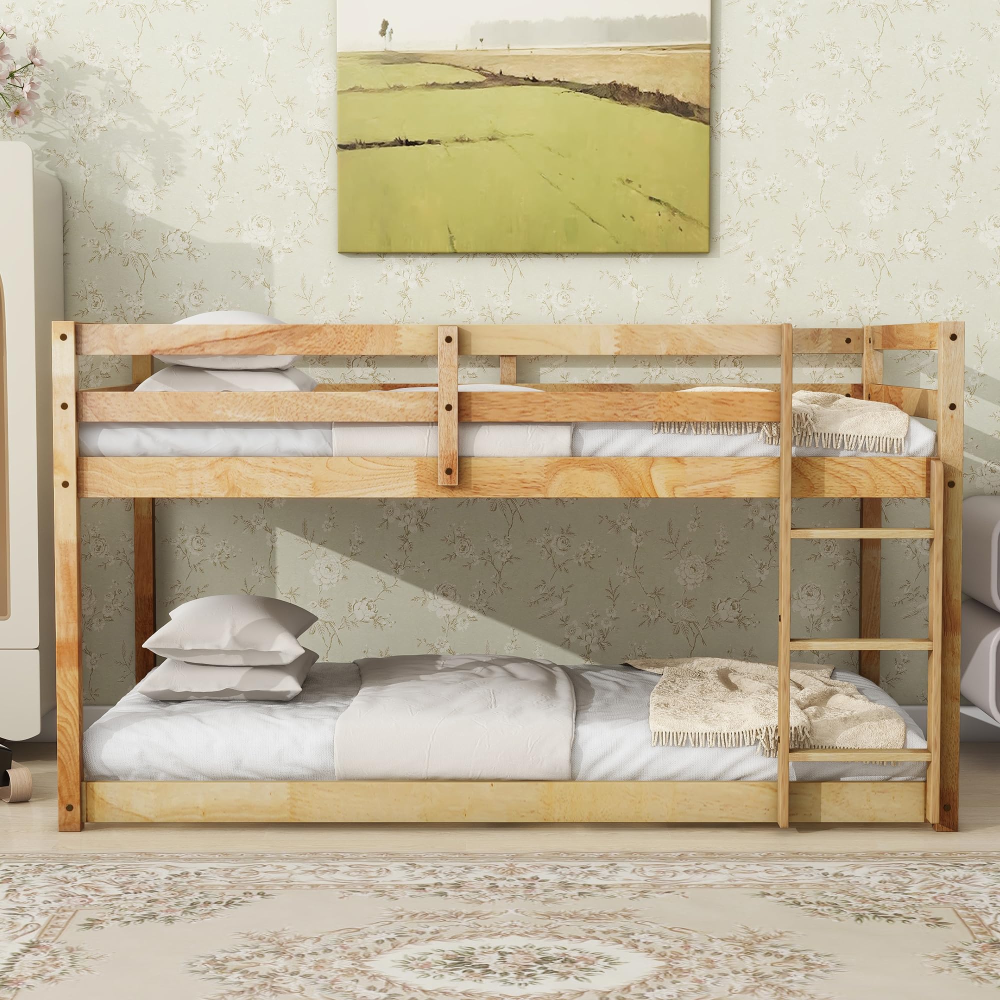 HomSof Twin Over Twin Floor Bunk Bed - Natural Wood Finish, Sturdy & Space-Saving Kids Bunk Bed for Small Rooms, Sleepovers & Shared Bedrooms