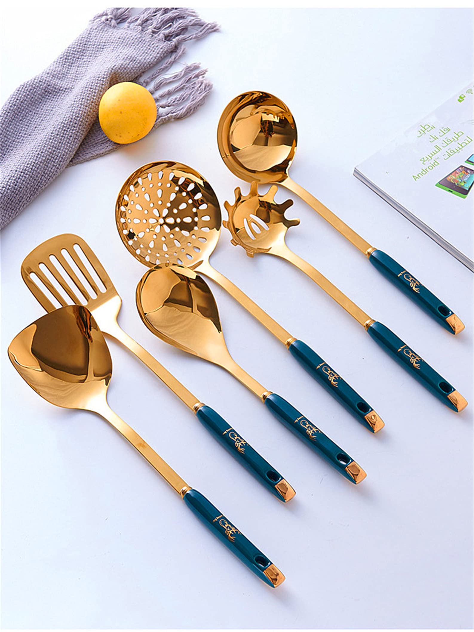 Premium Nordic Style Kitchen Utensil Set with Holder - 6-Piece Cookware Includes Soup Ladle, Spatula, Slotted Turner, Skimmer Spoon & Rice Paddle - Deer Antler Design for Cooking, Stir-Frying & Serving - Perfect for Home Chefs & Modern Kitchens