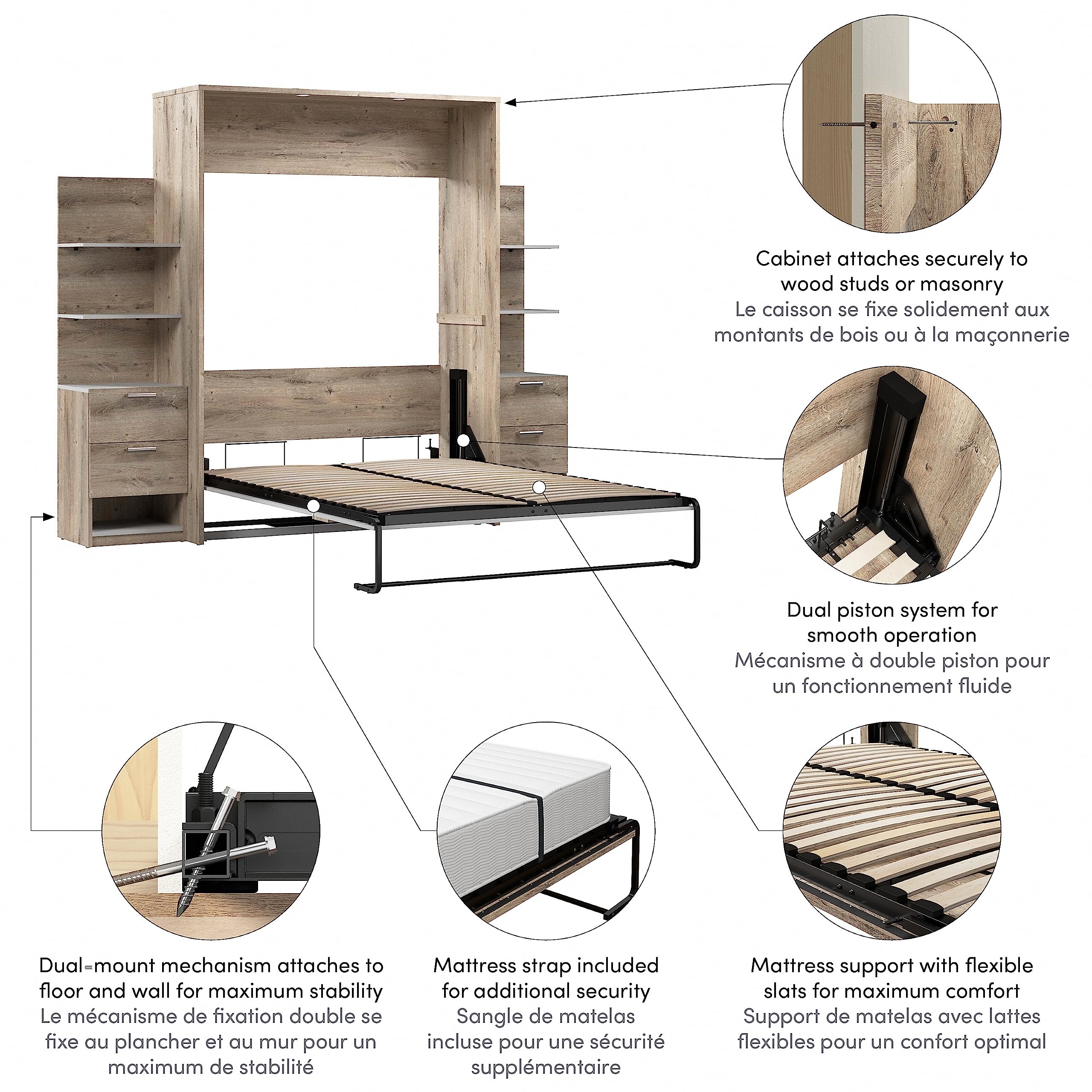 Bestar Cielo Queen Murphy Wall Bed with Nightstands & Floating Shelves - Rustic Brown & White Space-Saving Furniture for Small Apartments, Guest Rooms & Home Offices