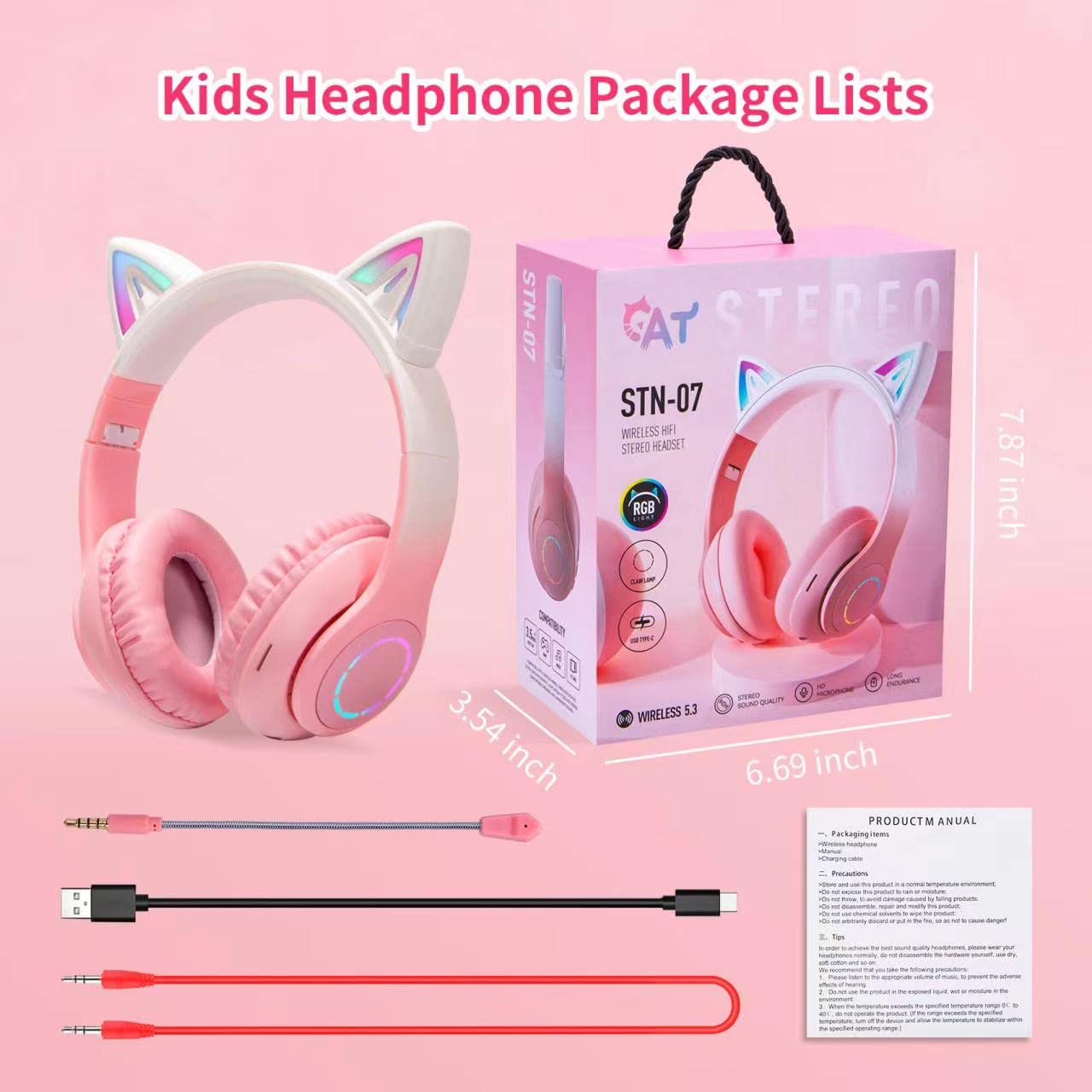 Tokani Kids Bluetooth Headphones with Microphone - Cat Ear Wireless Over-Ear Headset, Foldable Adjustable Comfortable for Girls Teens Adults (Pink) - Perfect for Gaming, Music, School & Travel
