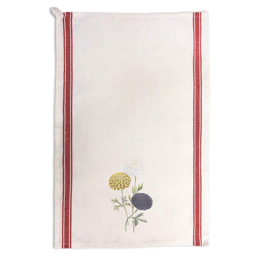 Custom Printed Kitchen Towels with Ranunculus Flowers - Red Stripe Dish Towels for Cooking, Cleaning & Home Decor | Soft & Absorbent Cotton Towels for Dishes, Hands & Countertops