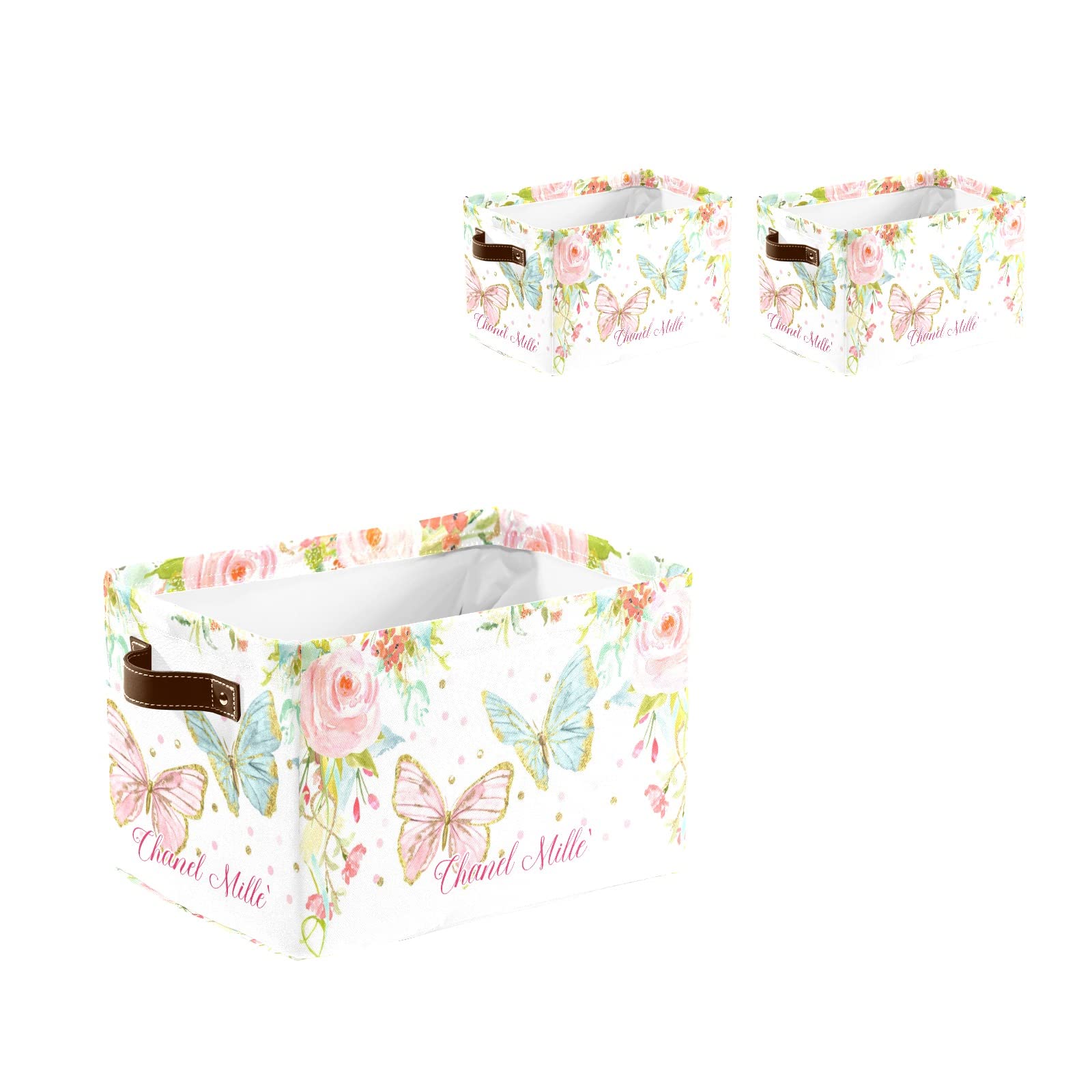 Personalized Floral Butterfly Pink Storage Bins with Handles - Custom Organizer Baskets & Cubes for Home, Nursery, Toys & Clothes (1 Pack) - Perfect for Kids' Room Organization & Nursery Decor