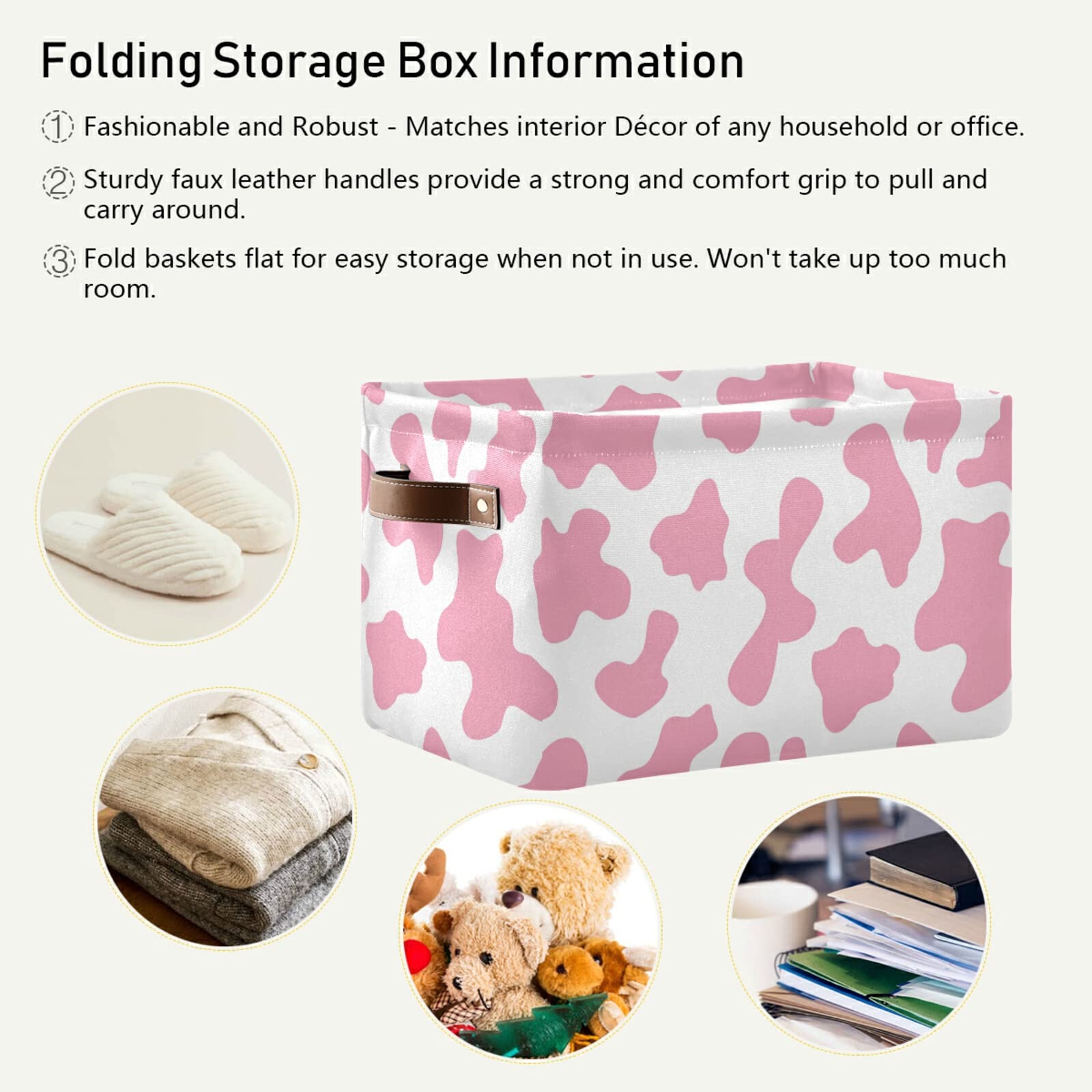 Pink Cow Collapsible Storage Basket with Leather Handles - Foldable Rectangular Storage Bin for Home Organization, Kids Room Decor & Nursery Storage | Perfect for Toys, Books, Blankets & Closet Organization