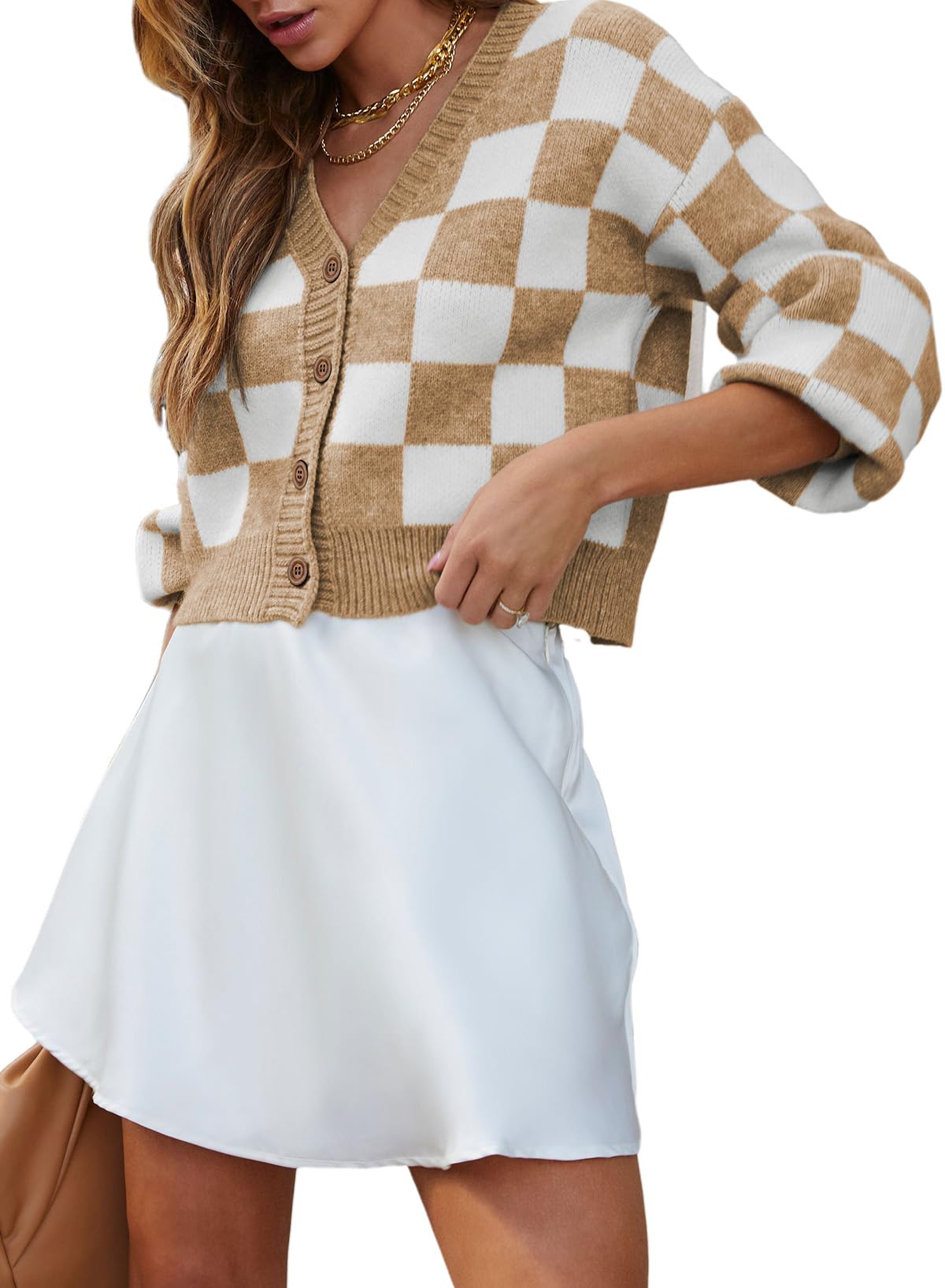 Dokotoo Women's Checkered V-Neck Button Down Long Sleeve Cable Knit Cropped Cardigan Sweater - Casual Office Wear & Fall Layering Staple