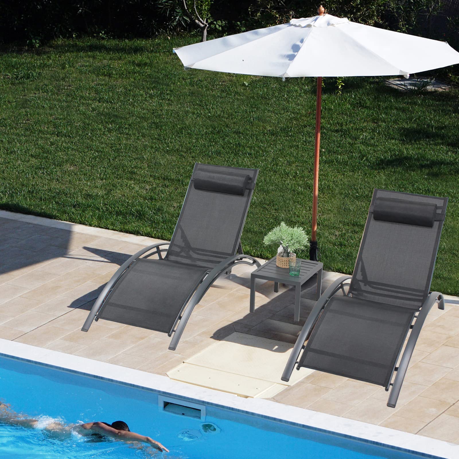 3-Piece Patio Chaise Lounge Chair Set - Aluminum Outdoor Reclining Sun Lounger with Adjustable Headrest & Side Table - Perfect for Poolside, Beach, Garden, Lawn & Backyard Relaxation (Black)
