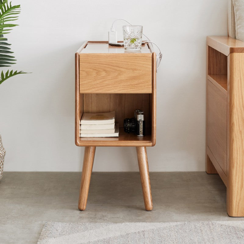 Solid Oak Narrow Side Table with Flip Door Storage - Rustic Wood End Table for Living Room, Bedroom & Entryway - Compact Console Cabinet for Small Spaces