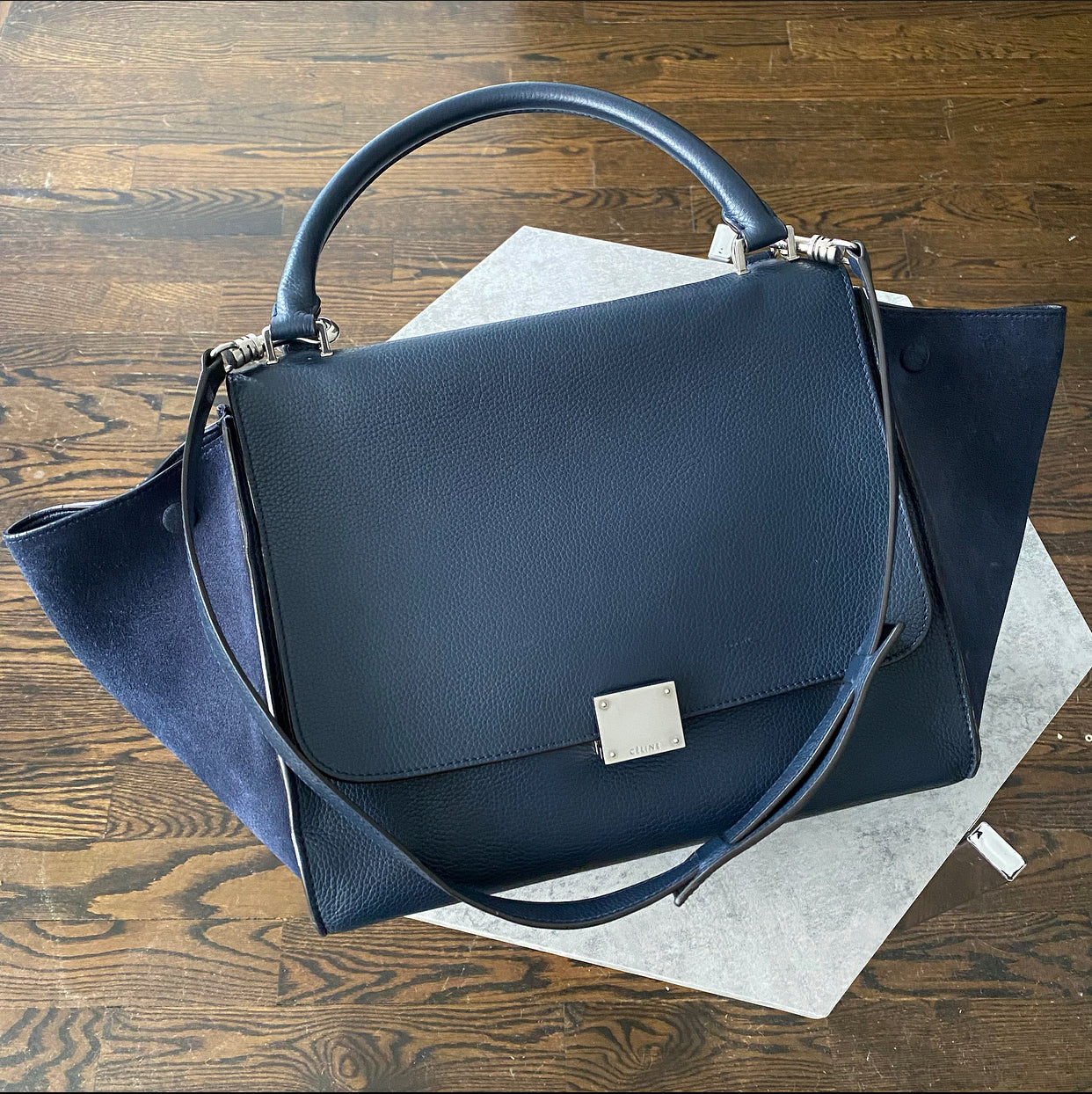 Celine Navy Leather and Suede Trapeze Two-Way Shoulder Bag - Luxury Handbag for Women, Perfect for Work, Travel and Everyday Use