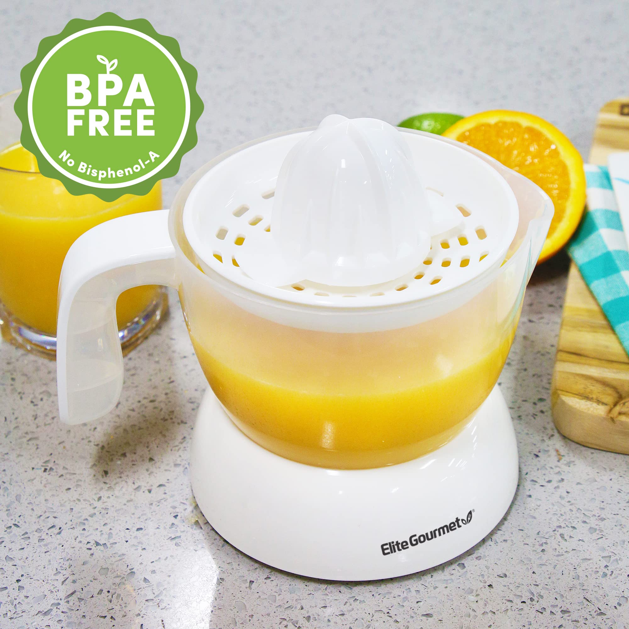 BPA-Free Electric Citrus Juicer - Elite Gourmet ETS-411 Compact Juice Extractor for Oranges, Lemons, Limes & Grapefruits with Large 16oz Capacity, Pulp Control & Easy Pour Spout - Perfect for Breakfast, Cocktails & Healthy Juicing (White)