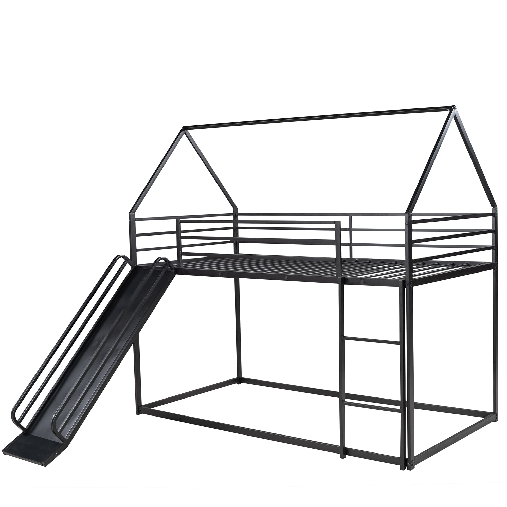 Twin Over Twin Bunk Bed with Ladder and Slide - Sturdy Metal Frame, Space-Saving Kids Bedroom Furniture - Perfect for Small Rooms, Sleepovers, and Play Areas (Black)
