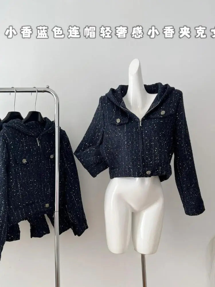 Vintage French Fashion Women's Blue Long Sleeve Hooded Zipper Jacket - Elegant Winter Coat for Ladies, Autumn Outerwear, Casual Vacation Wear & Daily Street Style