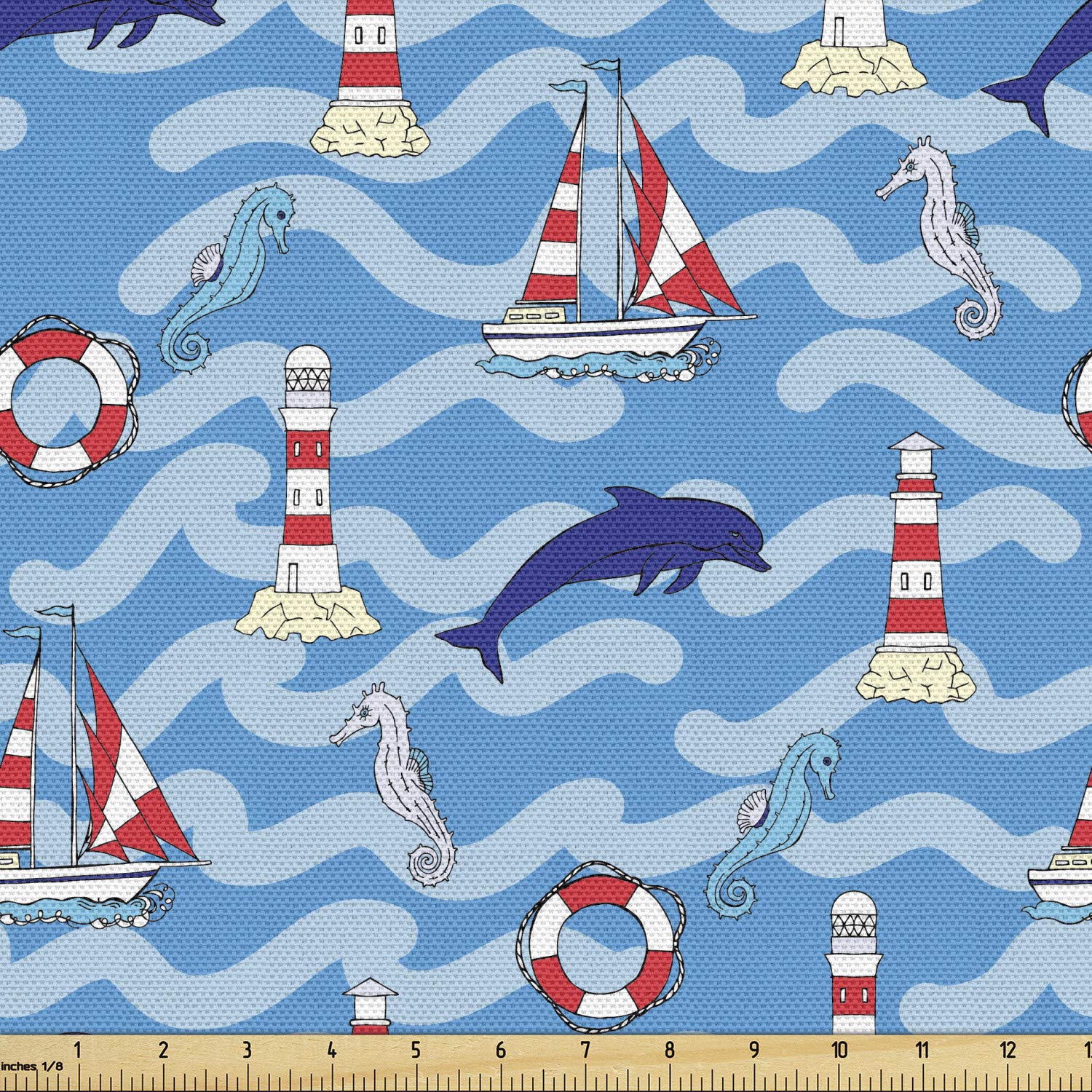 Ambesonne Lighthouse Fabric by The Yard - Wavy Lines Aquatic Design with Dolphins, Seahorses & Boats - Marine Summer Decorative Fabric for Upholstery, Curtains & DIY Home Decor (10 Yards, Blue Navy Red) - Perfect for Coastal Themed Bedrooms, Beach House Decor & Nautical Craft Projects