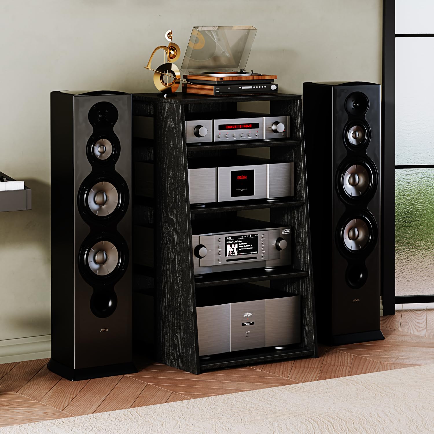 Modern Media Storage Cabinet - 4-Shelf AV Stand for TV, Stereo & Entertainment Components | Durable Living Room Furniture for Home Theater & Media Organization