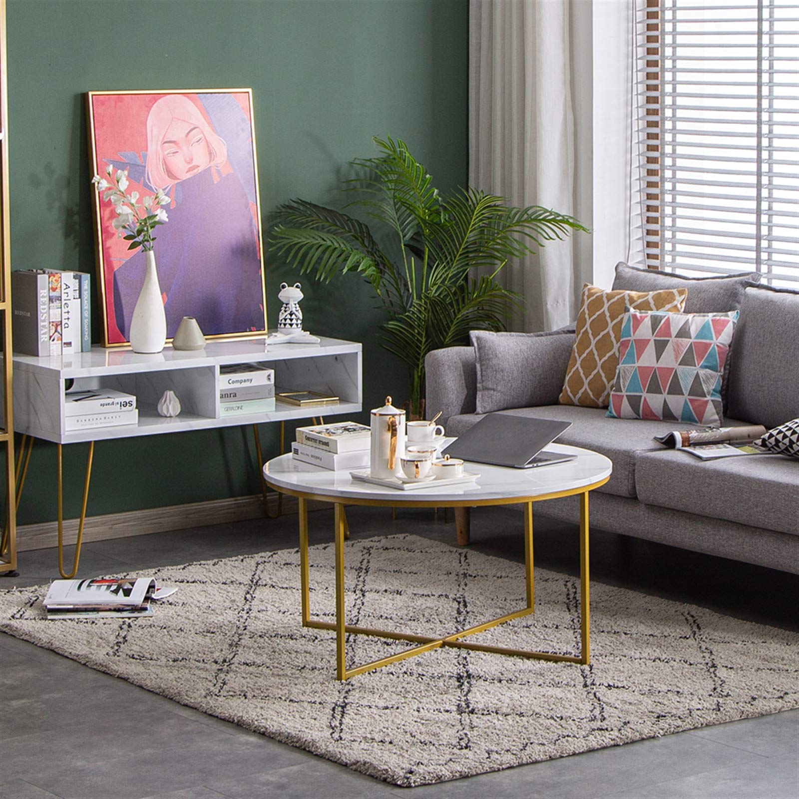 White Marble Round Coffee Table with Golden Metal X-Shaped Base - 35 Inch Modern Living Room Table with Smooth Surface & Cross Foot Design - Perfect for Small Spaces, Apartments & Home Decor (GC983125874)