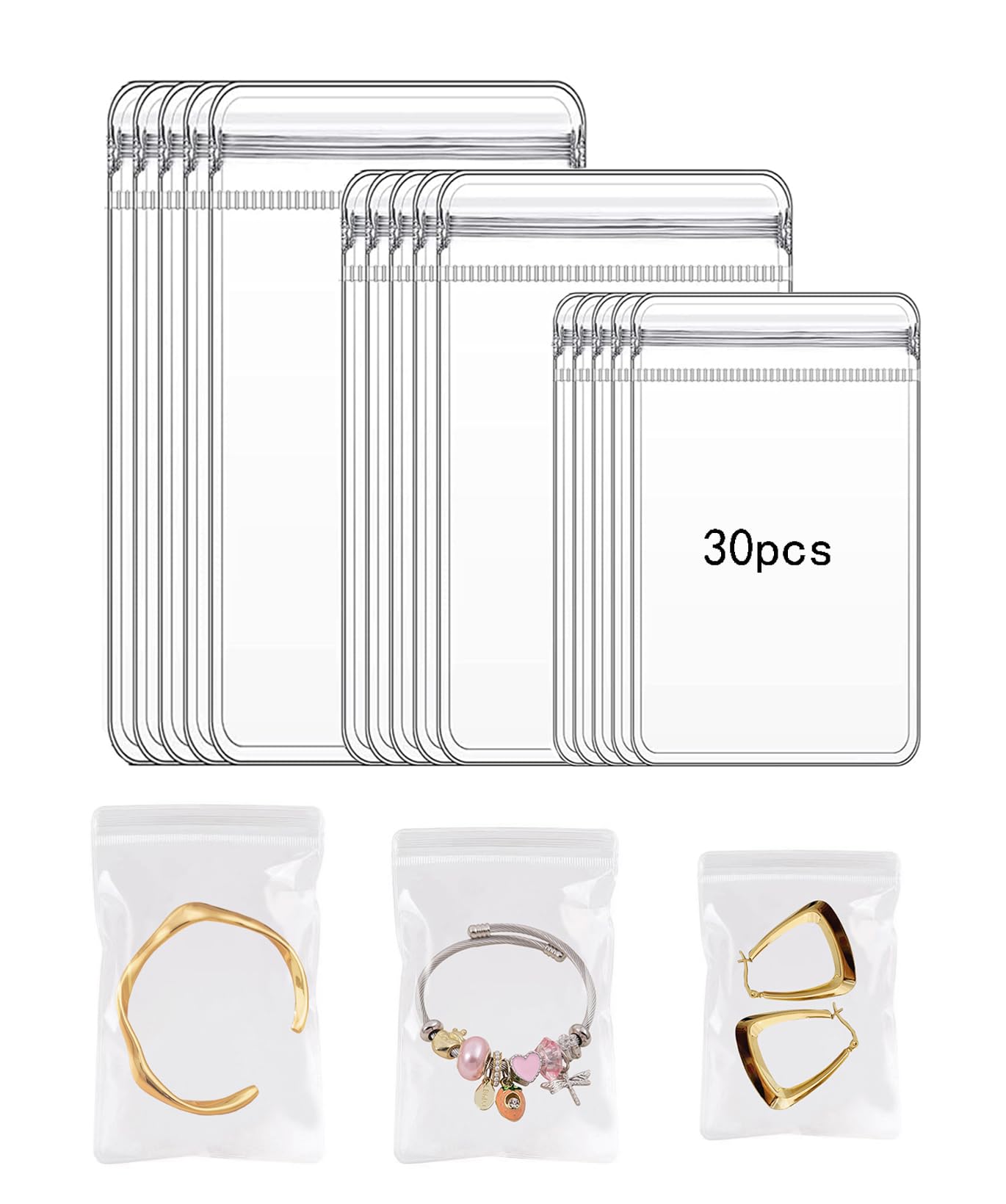 30pcs Clear Jewelry Organizer Bags - 3 Sizes for Earrings, Rings & Necklaces | Travel Jewelry Storage | Anti-Tarnish Protection | Perfect for Travel, Home Organization & Gift Packaging
