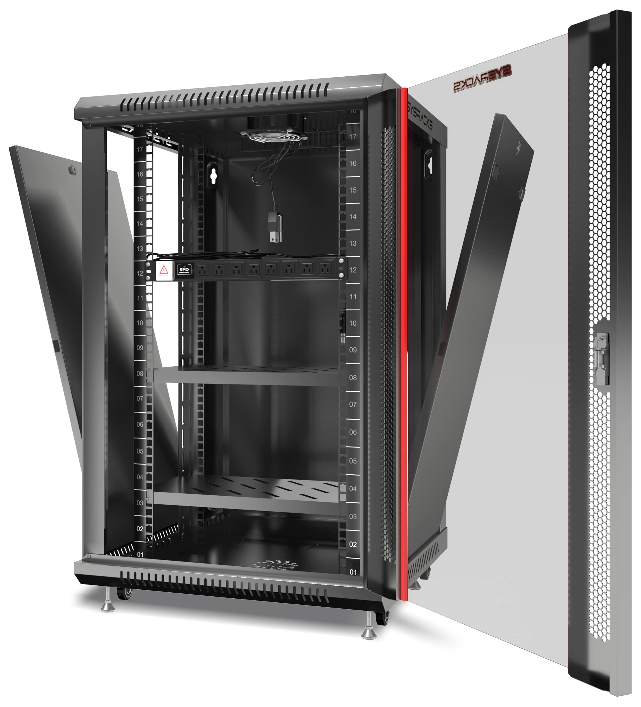 18U Wall Mount Server Rack Cabinet - 24-Inch Deep Network Equipment Enclosure for Electronics, Security & AV Systems with Locking Doors, Legs, Power Strip, Shelves & Cooling Fan - Perfect for Data Centers, Home Theaters & Office Network Setups