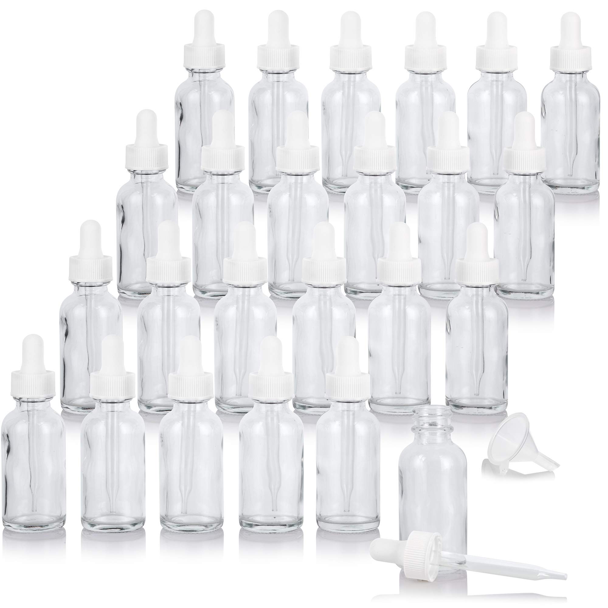 JUVITUS 1 oz (30 ml) Clear Glass Boston Round Bottle with White Dropper - 24 Pack + Free Funnel - Essential Oil Bottles, DIY Skincare, Travel Toiletries & Aromatherapy Supplies