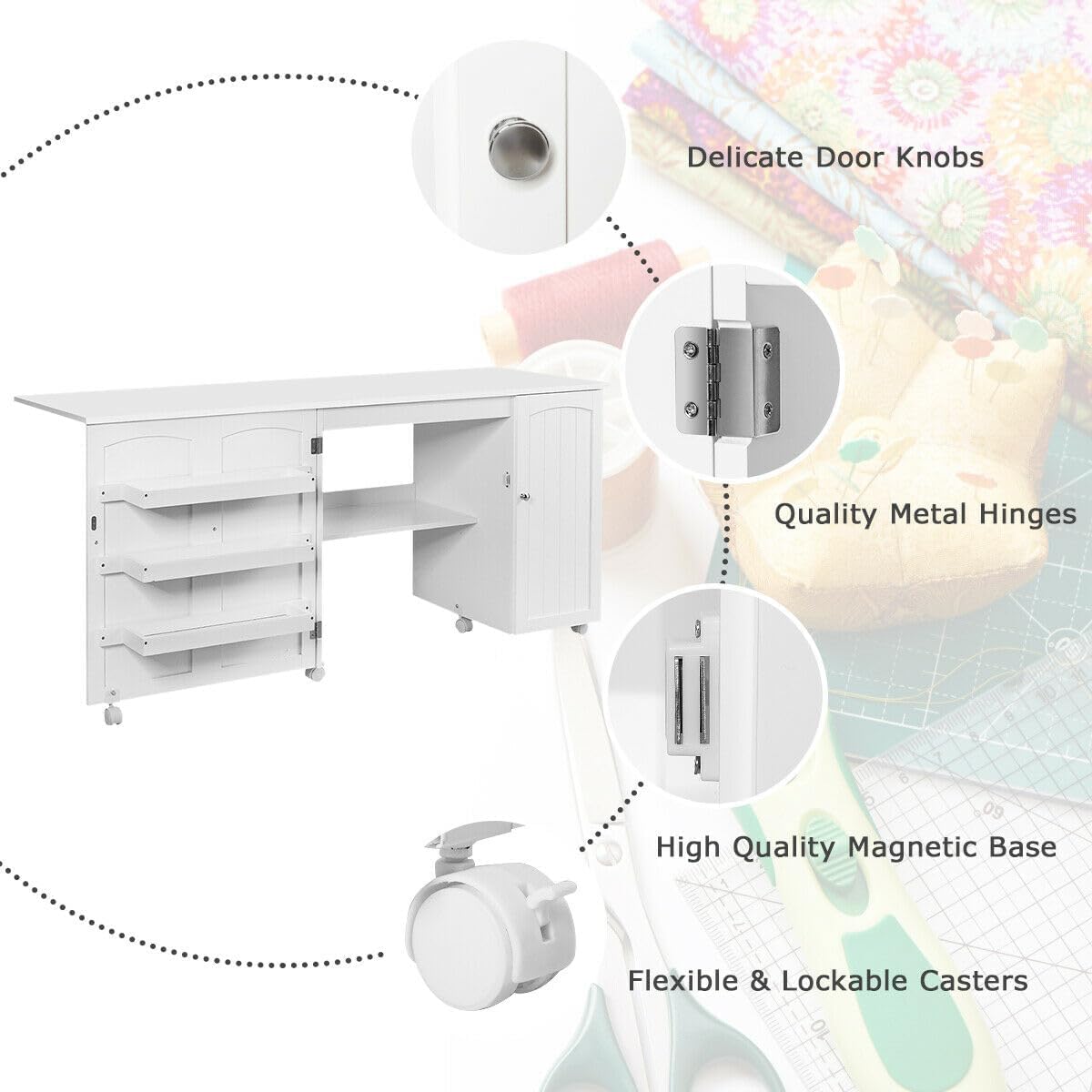 Foldable Sewing Craft Table with 3 Storage Bins & Shelf - Mobile Sewing Cabinet with Locking Wheels, White Space-Saving Workstation for Sewing Machines & Craft Projects - Perfect for Apartments, Small Spaces & Home Studios